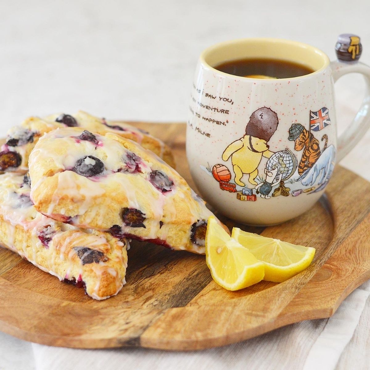 These glazed lemon blueberry scones are filled with fresh blueberries and have a tangy lemon icing drizzled over them.  