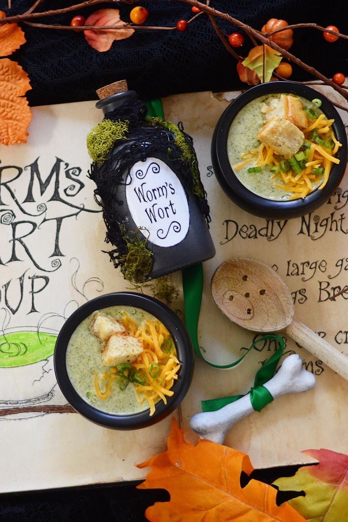 Sally's Worms Wart Soup is a spookishly delicious way to celebrate Halloween season.  This recipe is a fun twist on the traditional broccoli cheddar soup.  
