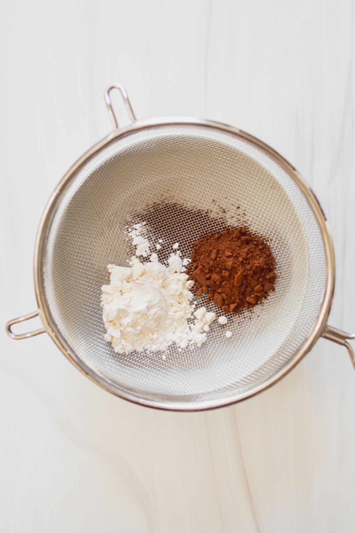 Flour, baking powder, salt and cocoa powder.
