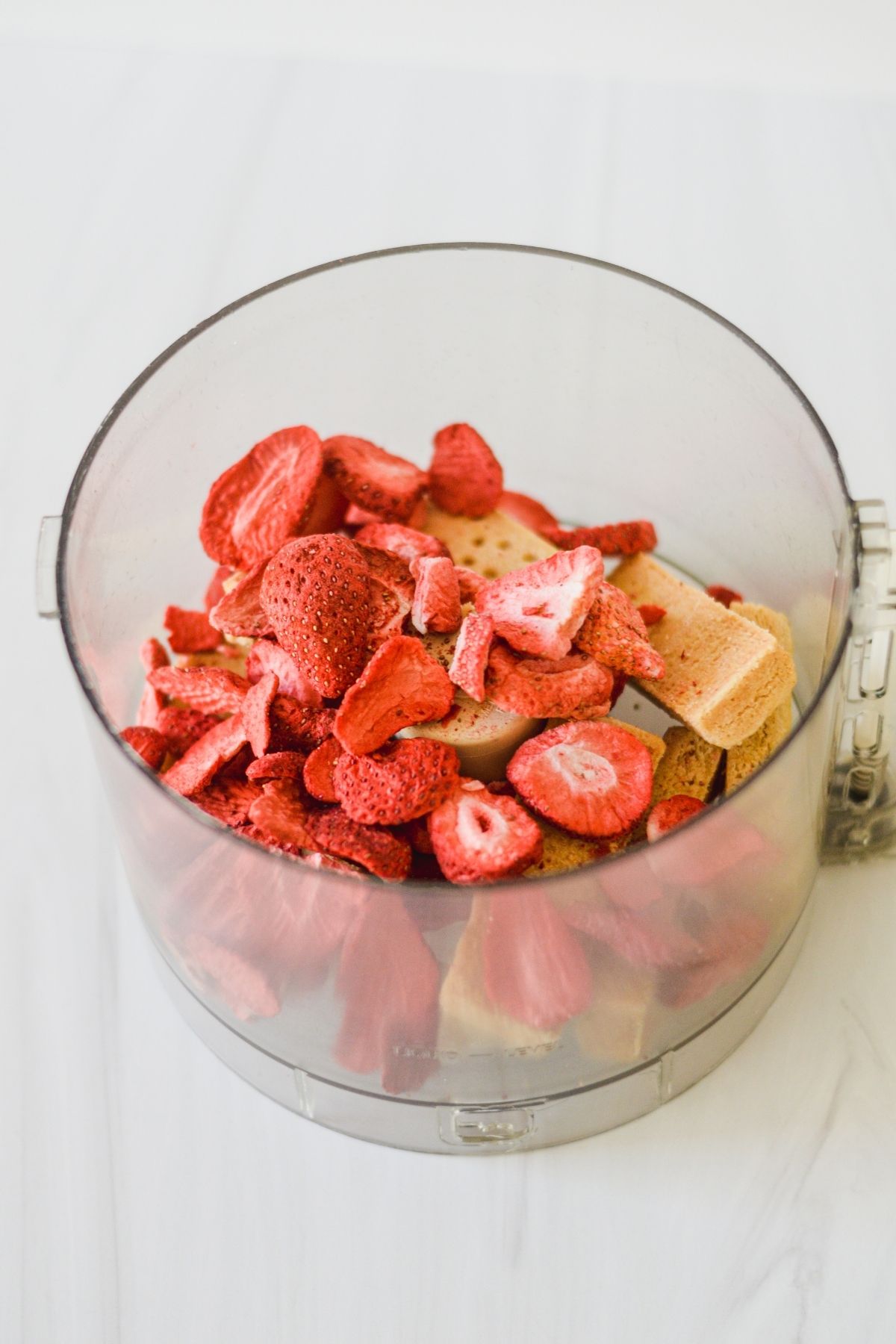 Freeze dried strawberries with shortbread cookies.