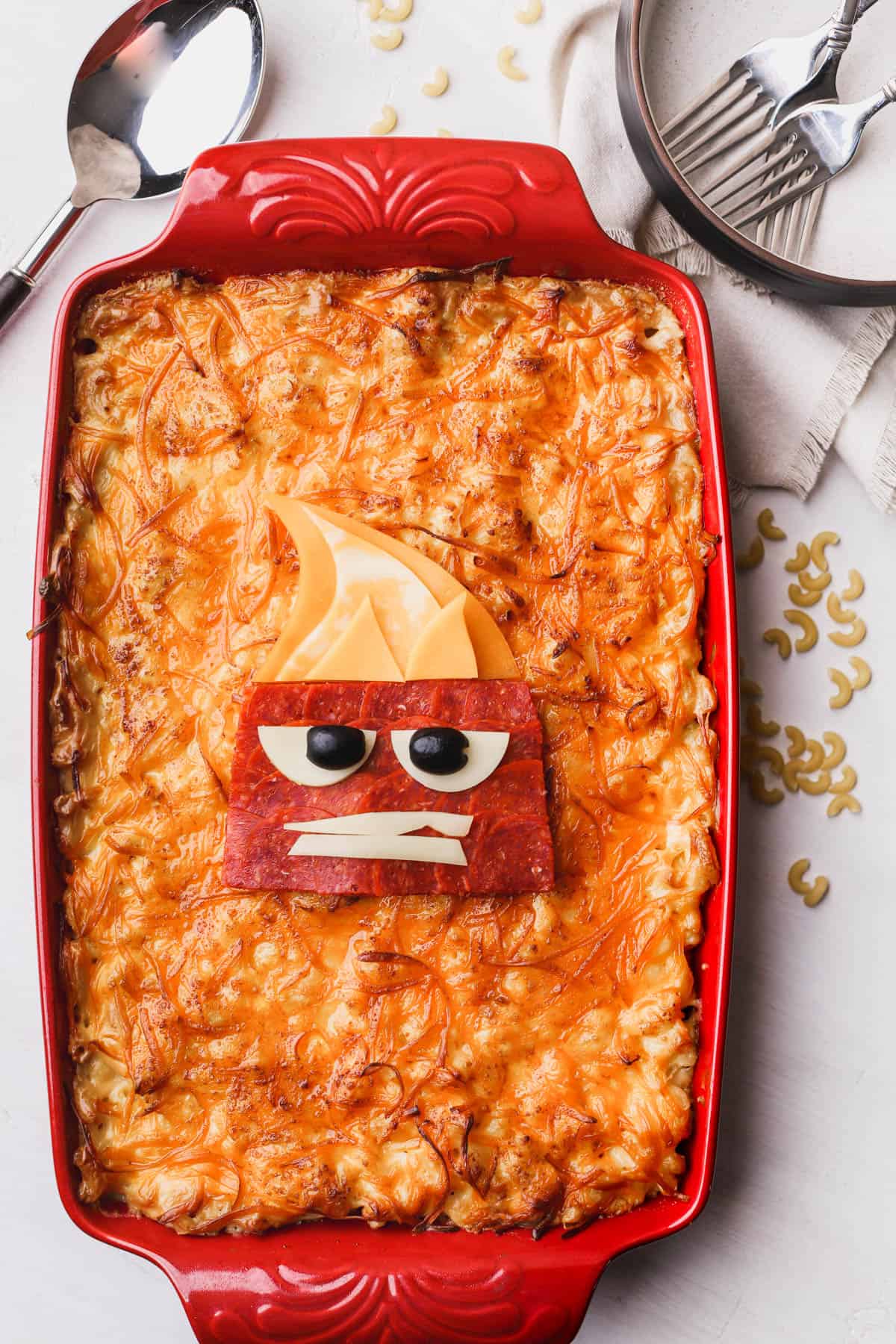 Smoked macaroni and cheese inspired by Disney's Inside Out "Anger" character.
