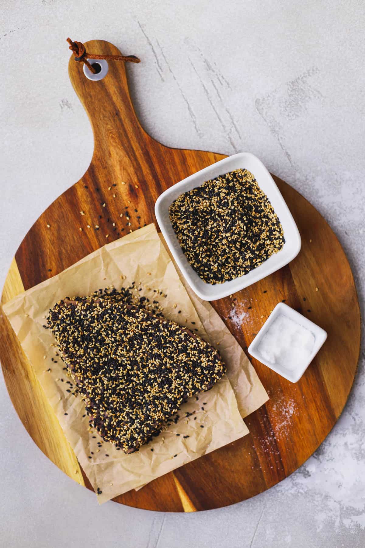 Sesame coated tuna steak, seasoned with salt.