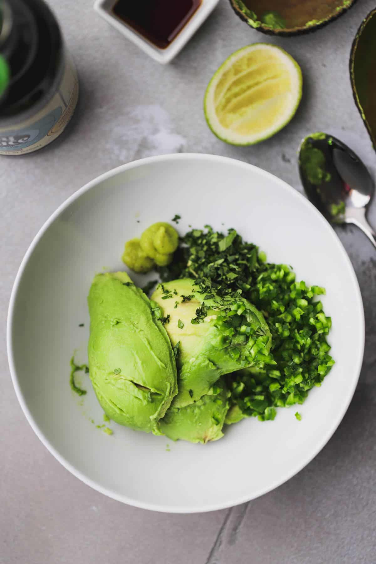 avocados, wasabi, cilantro, soy sauce, lime juice, jalapeños.