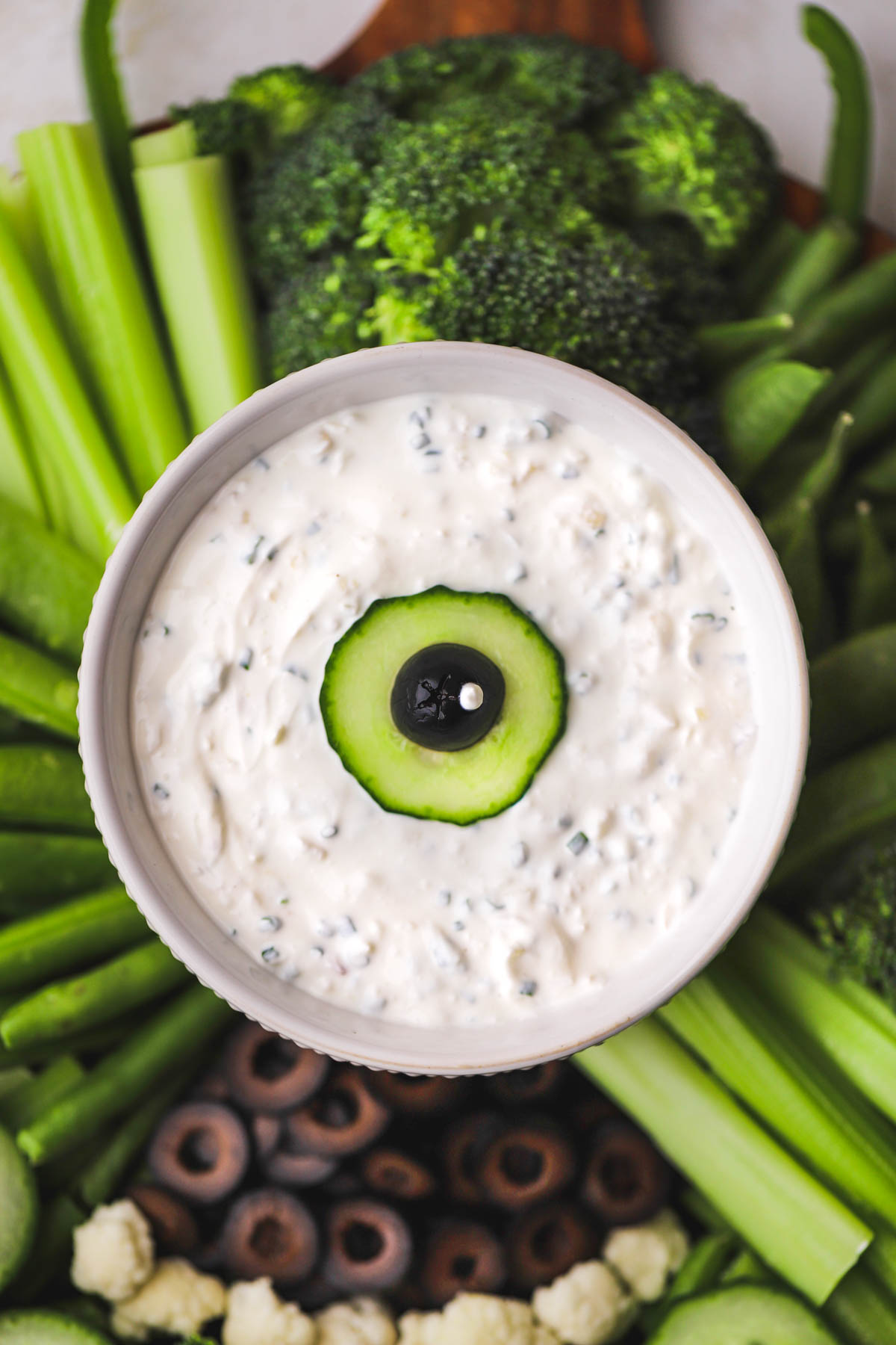 Sour cream and chive dip with Monsters Inc eye ball.
