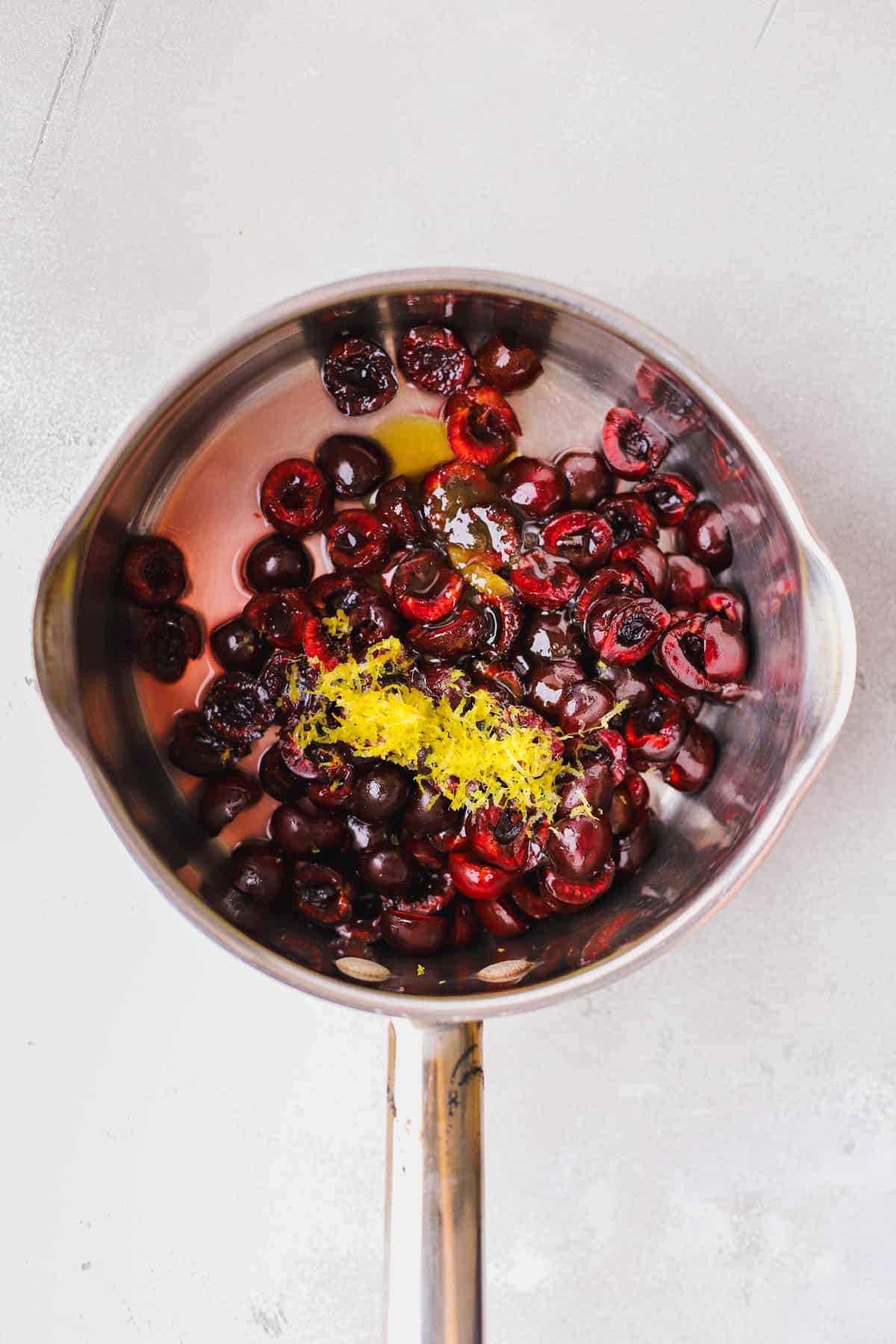Bing cherries, lemon zest, honey, lemon juice.