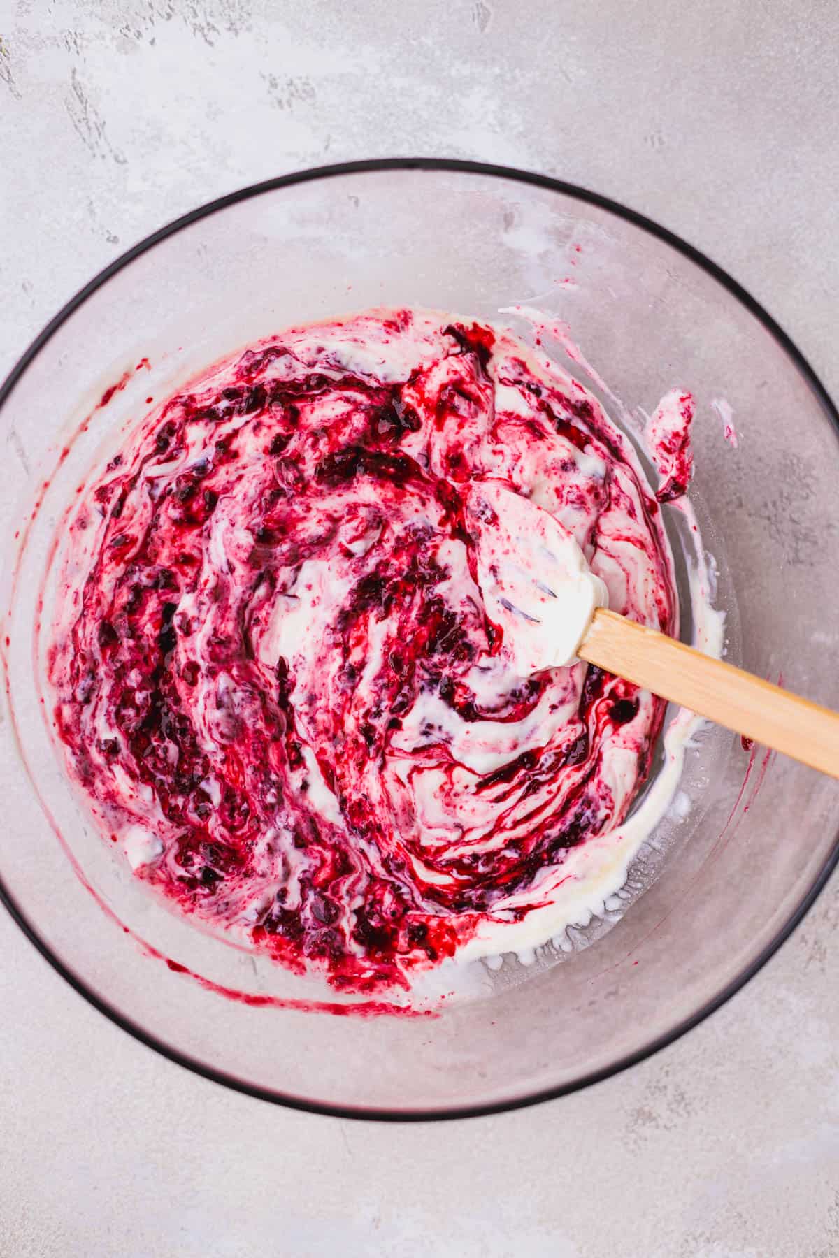 Greek yogurt mixed with cherry compote.