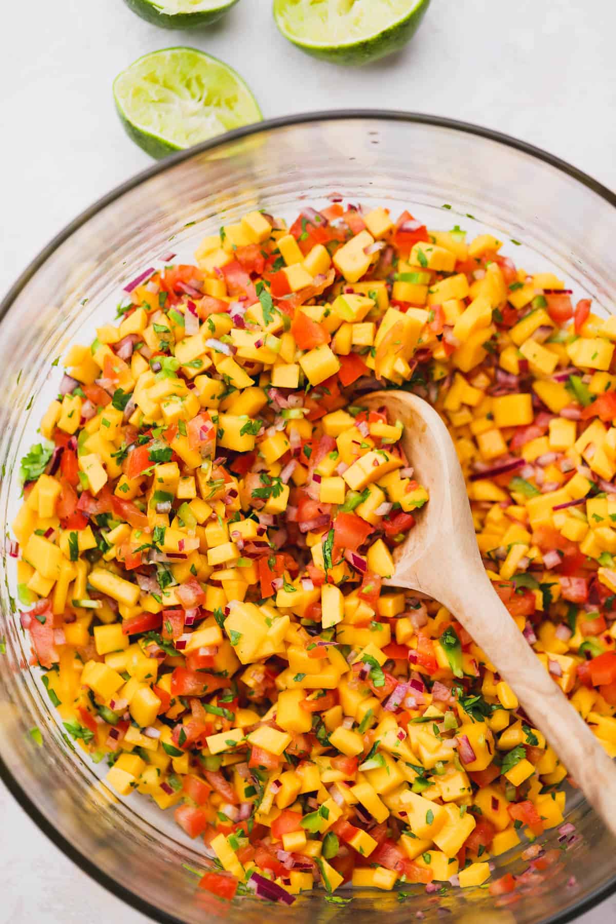 Mango Pico de Gallo made with fresh mangoes, onions, jalapeños, cilantro, tomatoes and lime juice.