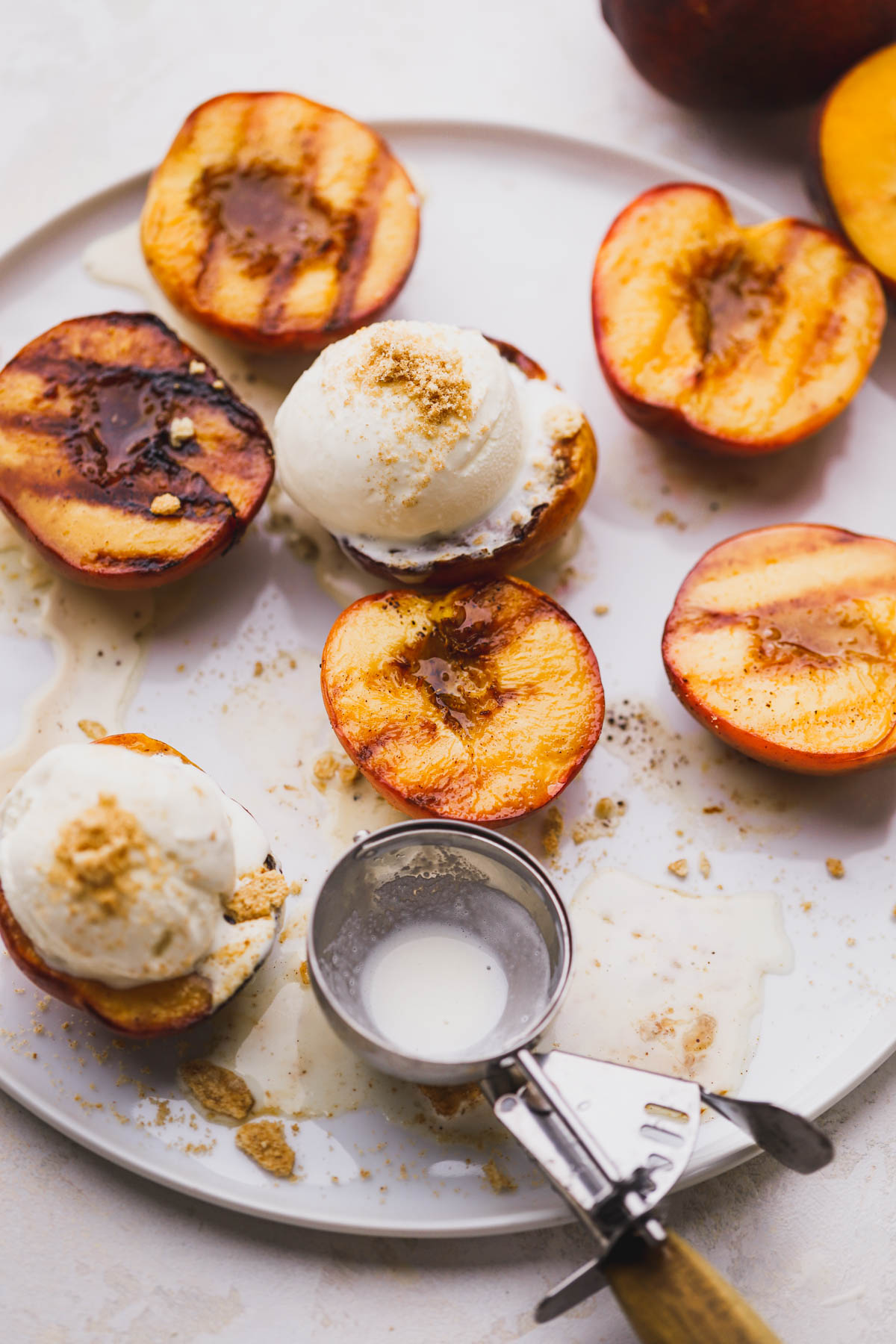 Caramelized peaches with brown butter and vanilla ice cream.