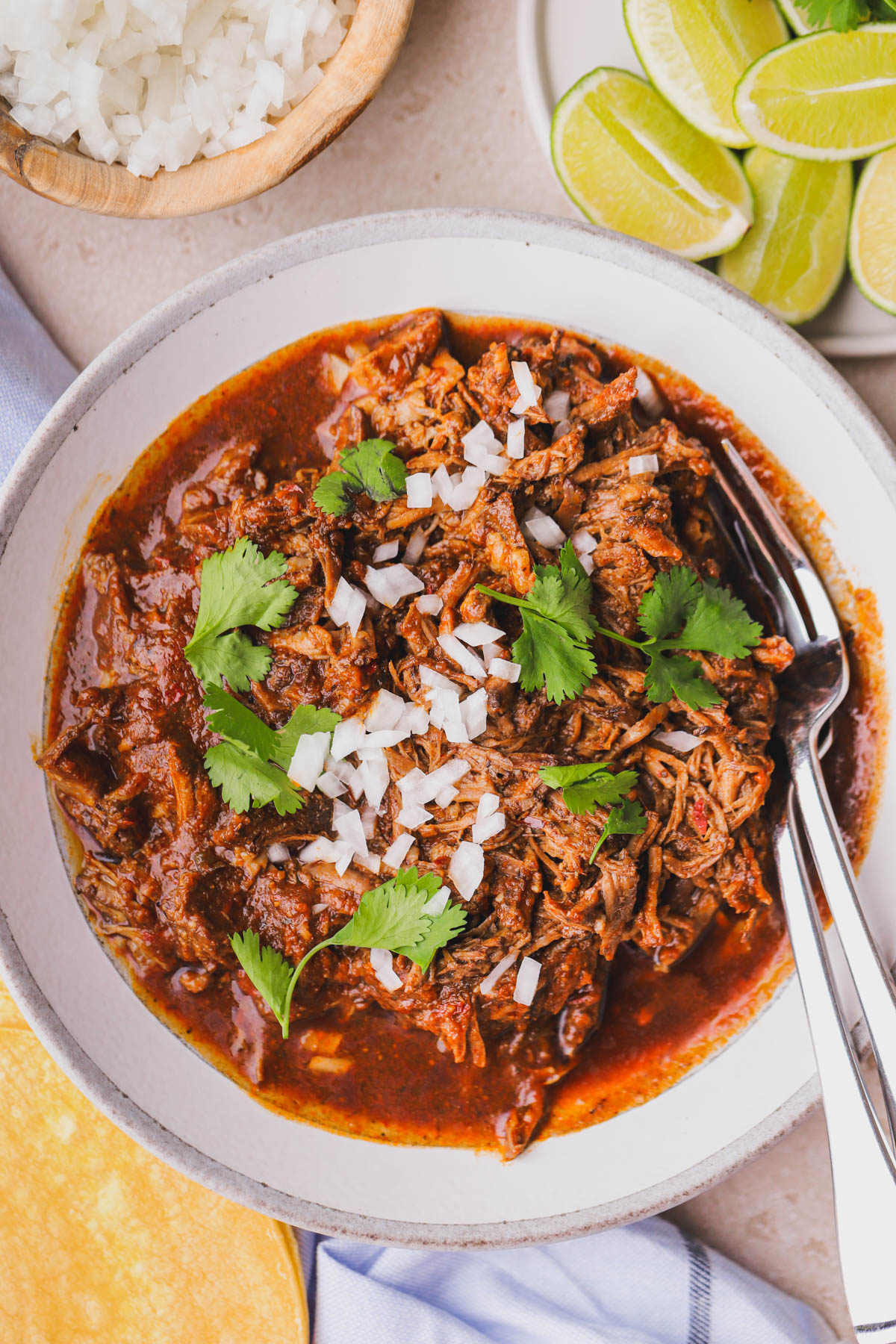 Slow cooked beef inside a tomato-chili broth.  