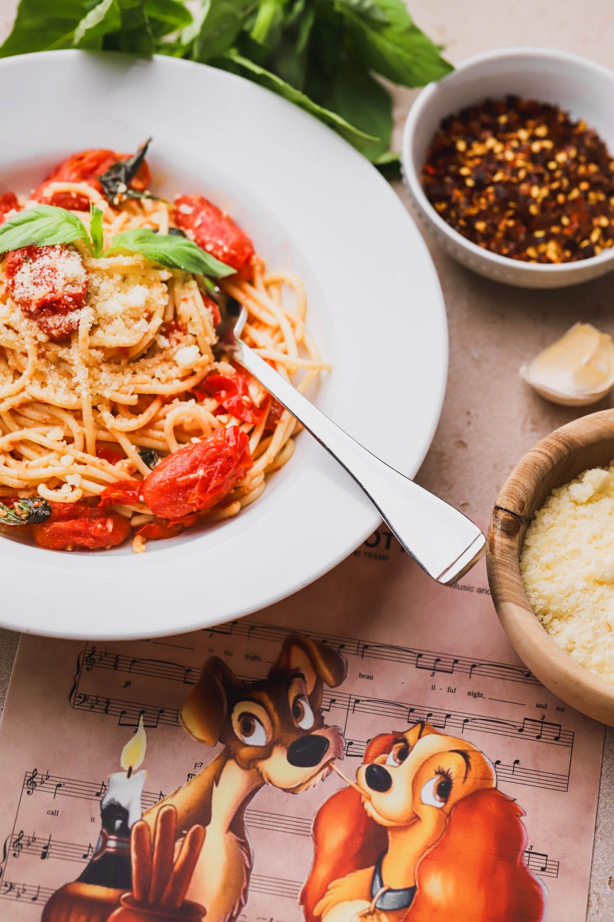 Cherry tomatoes cooked with garlic, mascarpone, basil and tossed with fresh basil and spaghetti noodles.