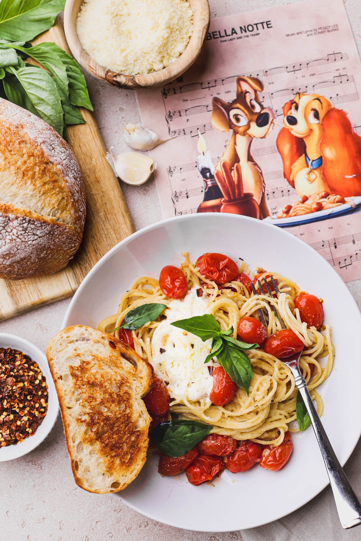 Creamy mascarpone tomato sauce with fresh basil and parmesan cheese.