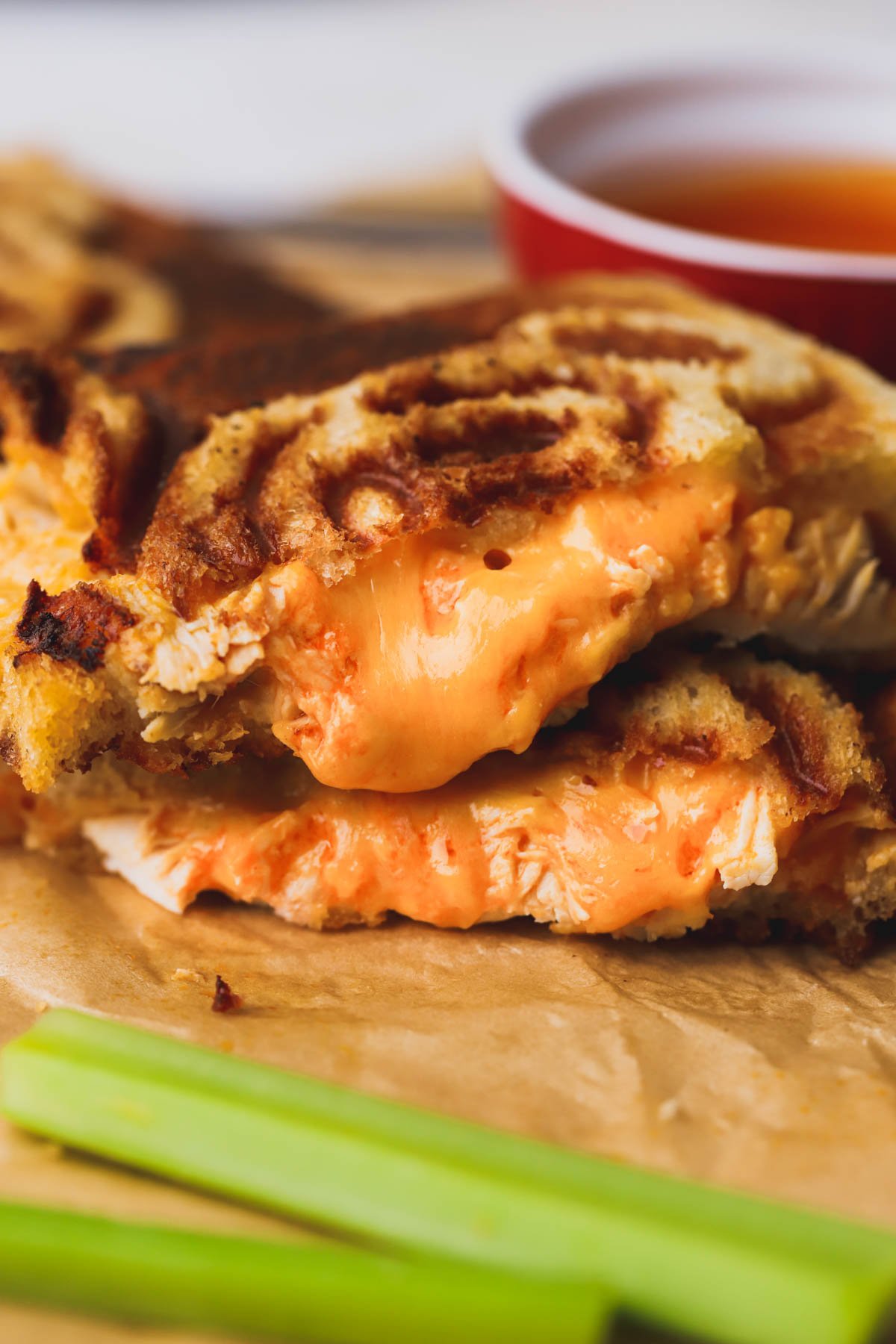 Melted cheddar cheese and spicy rotisserie chicken filling.