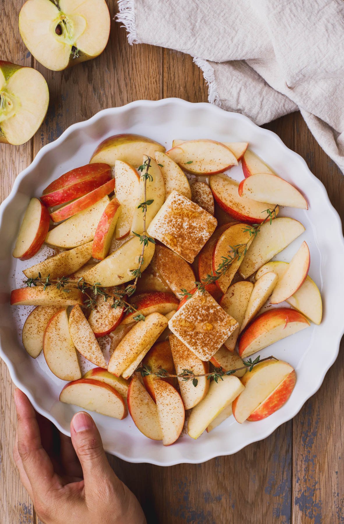 Honey crisp apples, butter, maple syrup, cinnamon, and fresh thyme.