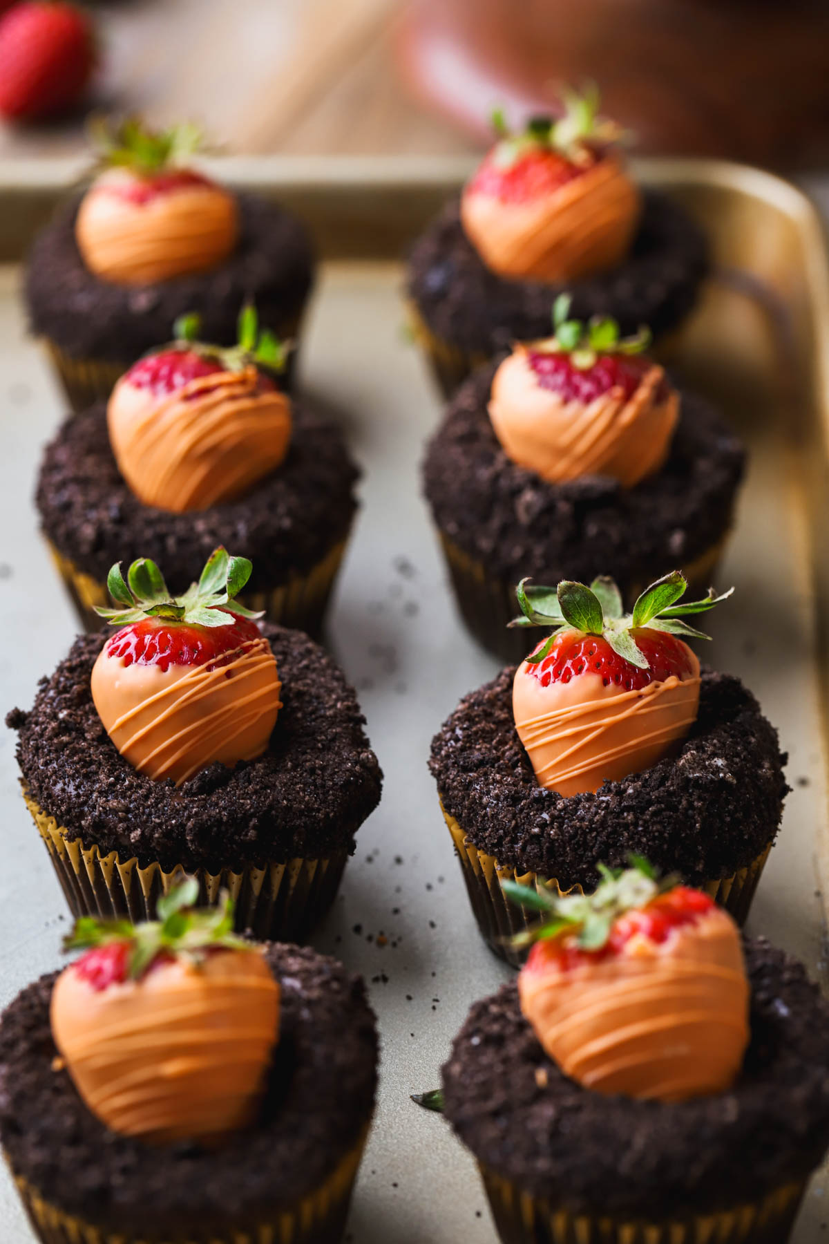 Chocolate fudge cupcakes with oreo cookie "dirt" and fresh strawberries dipped in orange candy melts.  