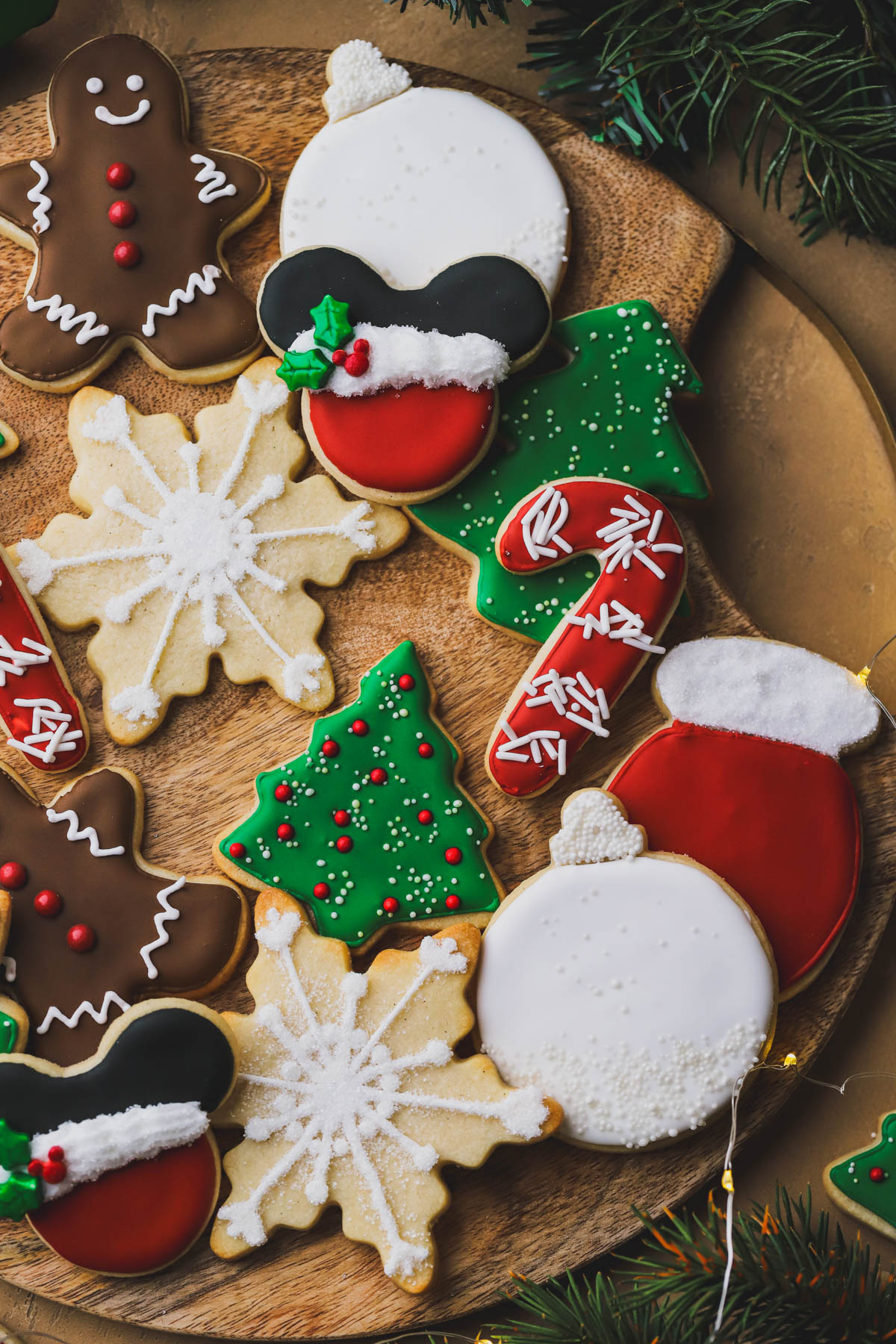 no spread sugar cookies cut into holiday shapes and decorated with icing.  