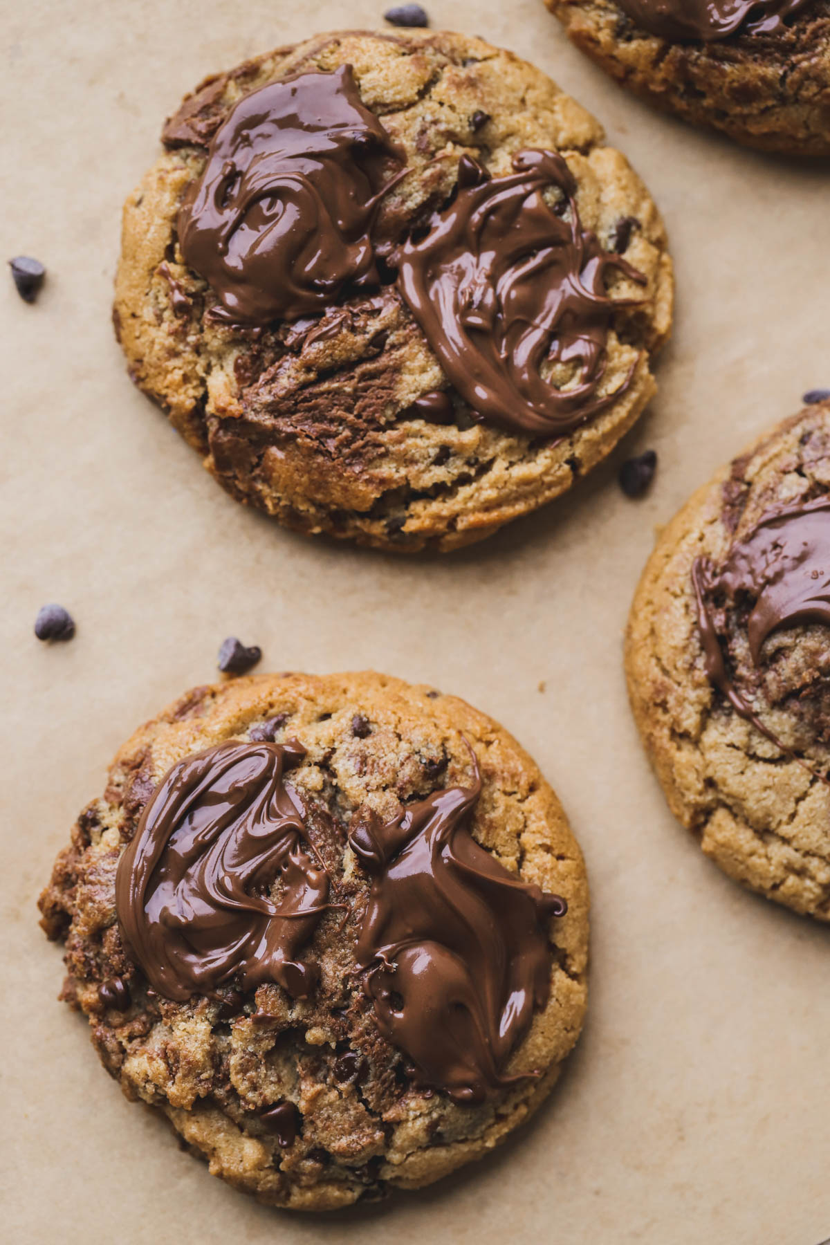 Peanut butter cookies with mini chocolate chips and swirled Nutella.  