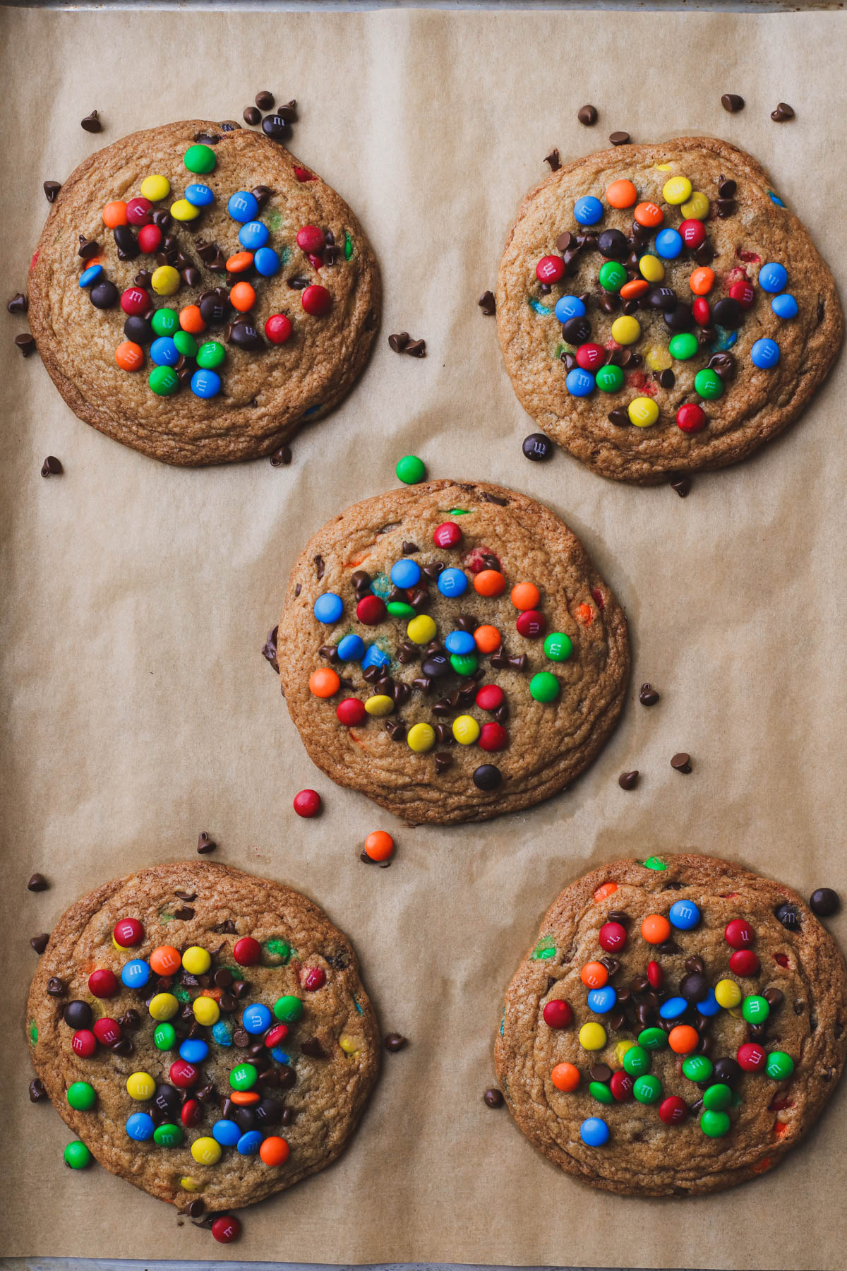 Baked m&m and chocolate chips cookies.