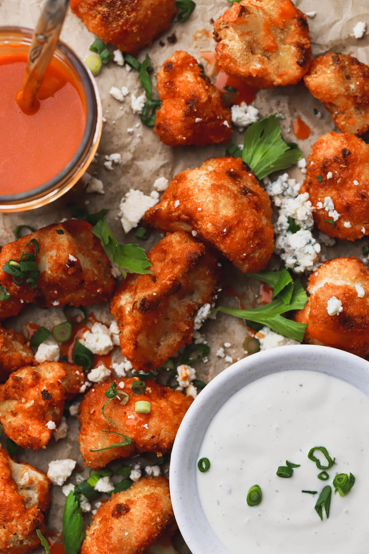 Crispy cauliflower with buffalo sauce.  