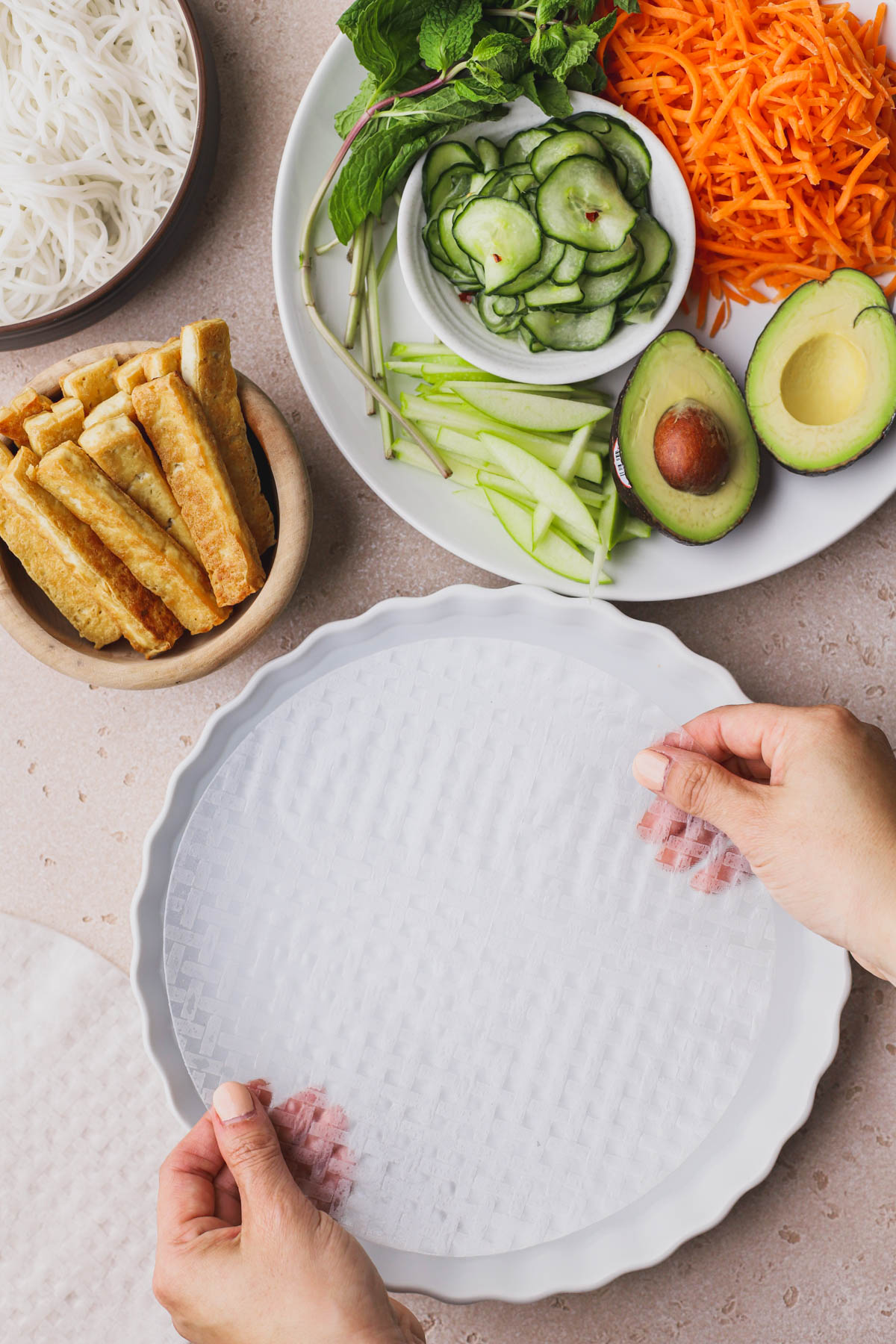 Fresh vegetables, avocado, pan fried tofu, green apple, pickled cucumbers, and rice paper.