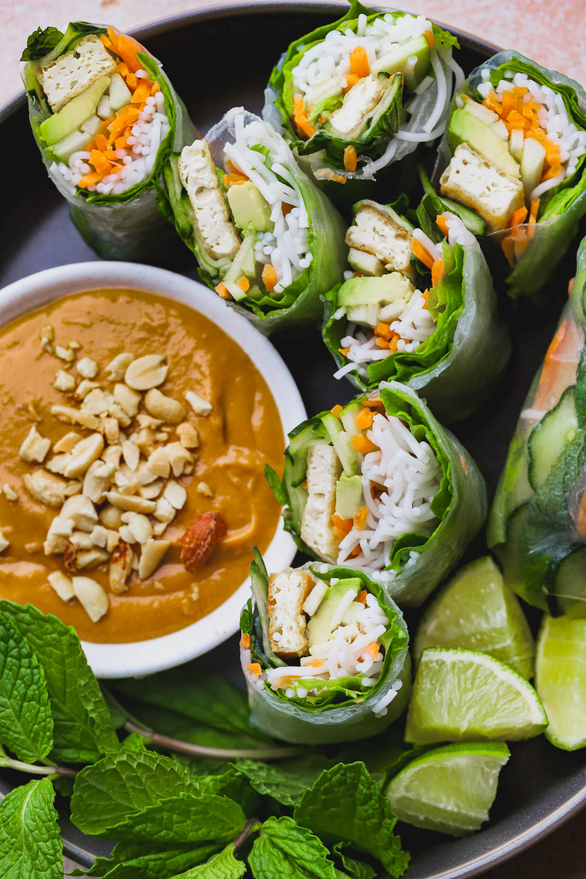 Vegetable spring rolls with tofu, pickled cucumber, avocado, mint and served with spicy peanut sauce.  