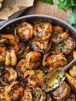 Chimichurri shrimp with fresh parsley, garlic, herbs and spices.