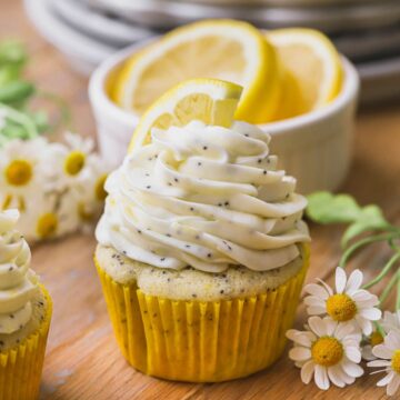 Lemon poppyseed cupcakes with lemon cream cheese frosting.