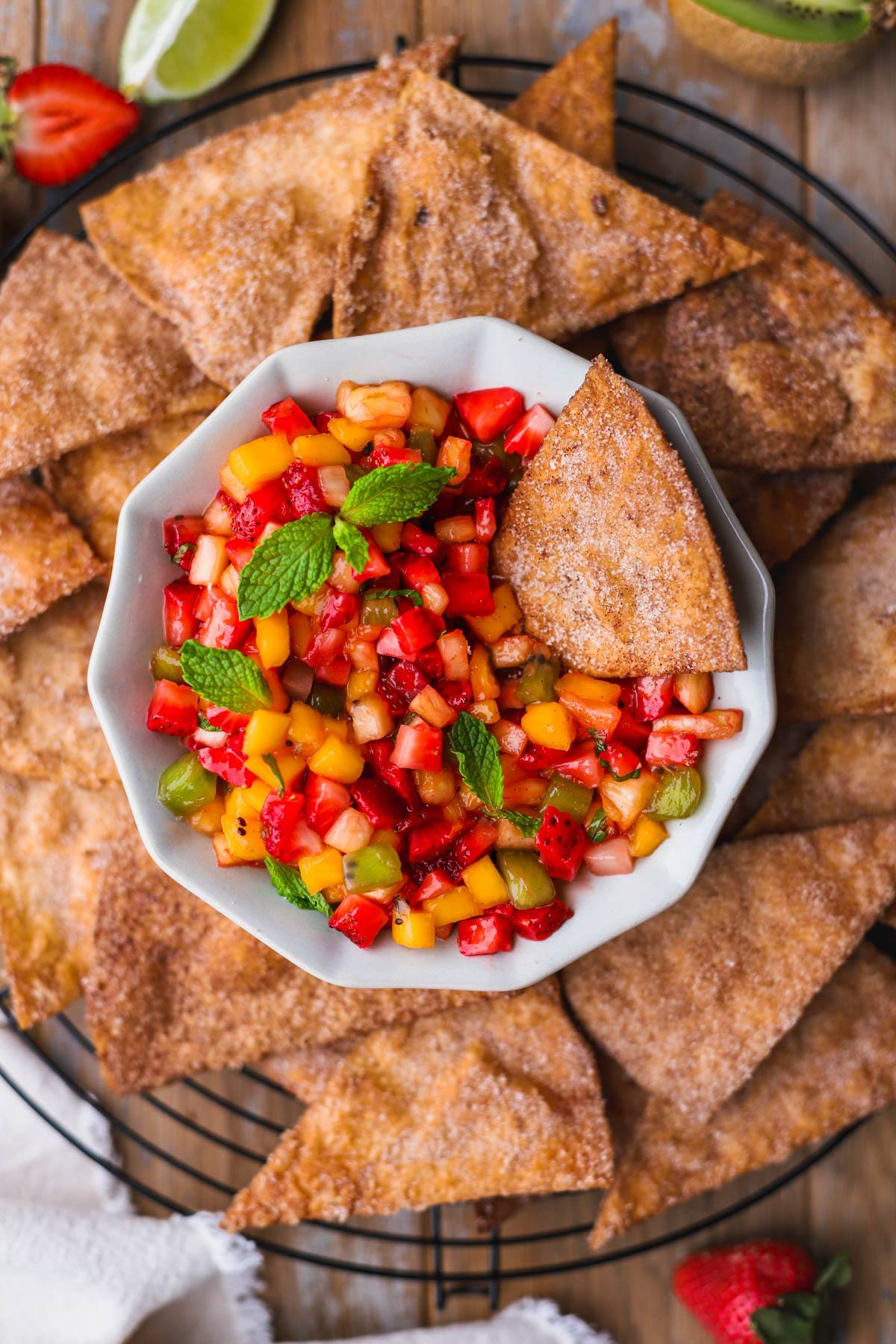 Churro chips served with fresh fruit salsa.  