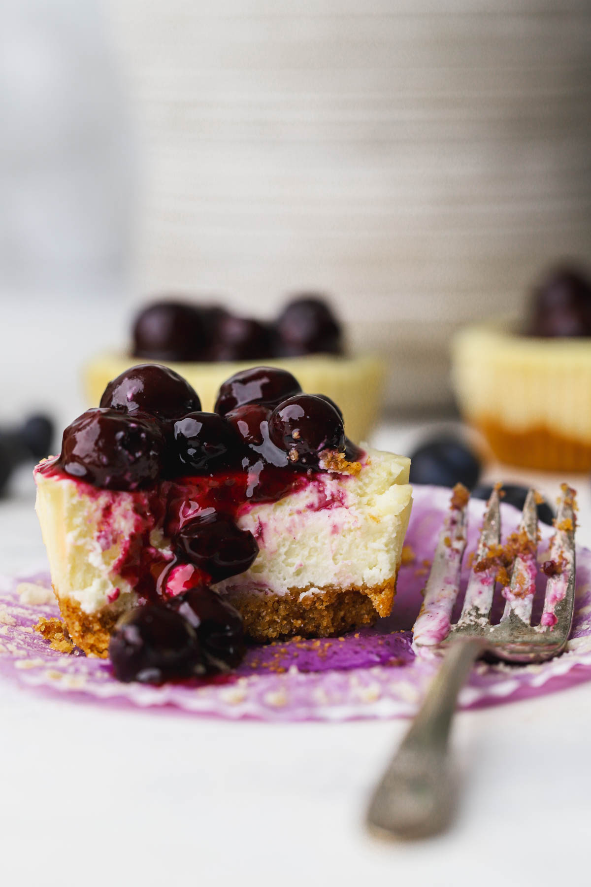 Mini blueberry cheesecake with graham cracker crust and blueberry compote.  