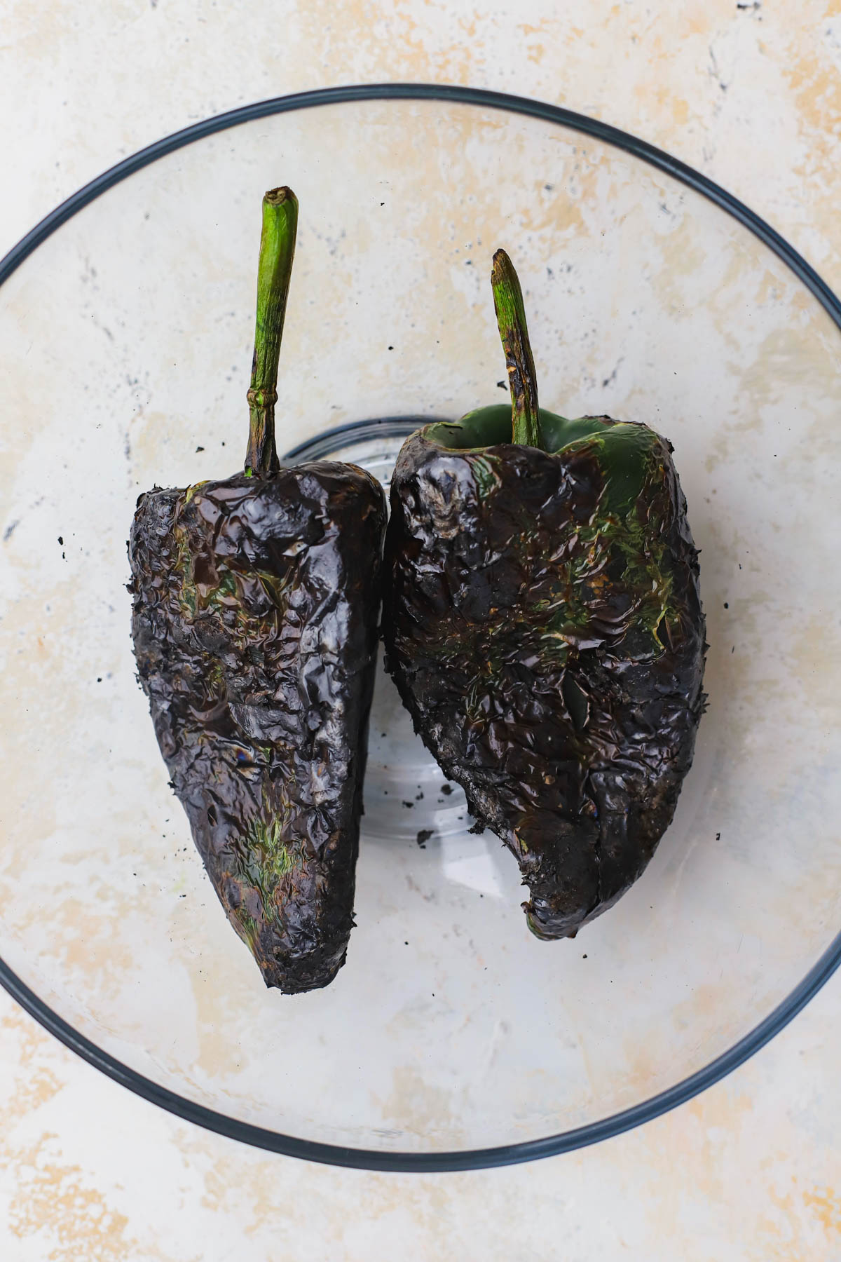 Charred poblano peppers. 