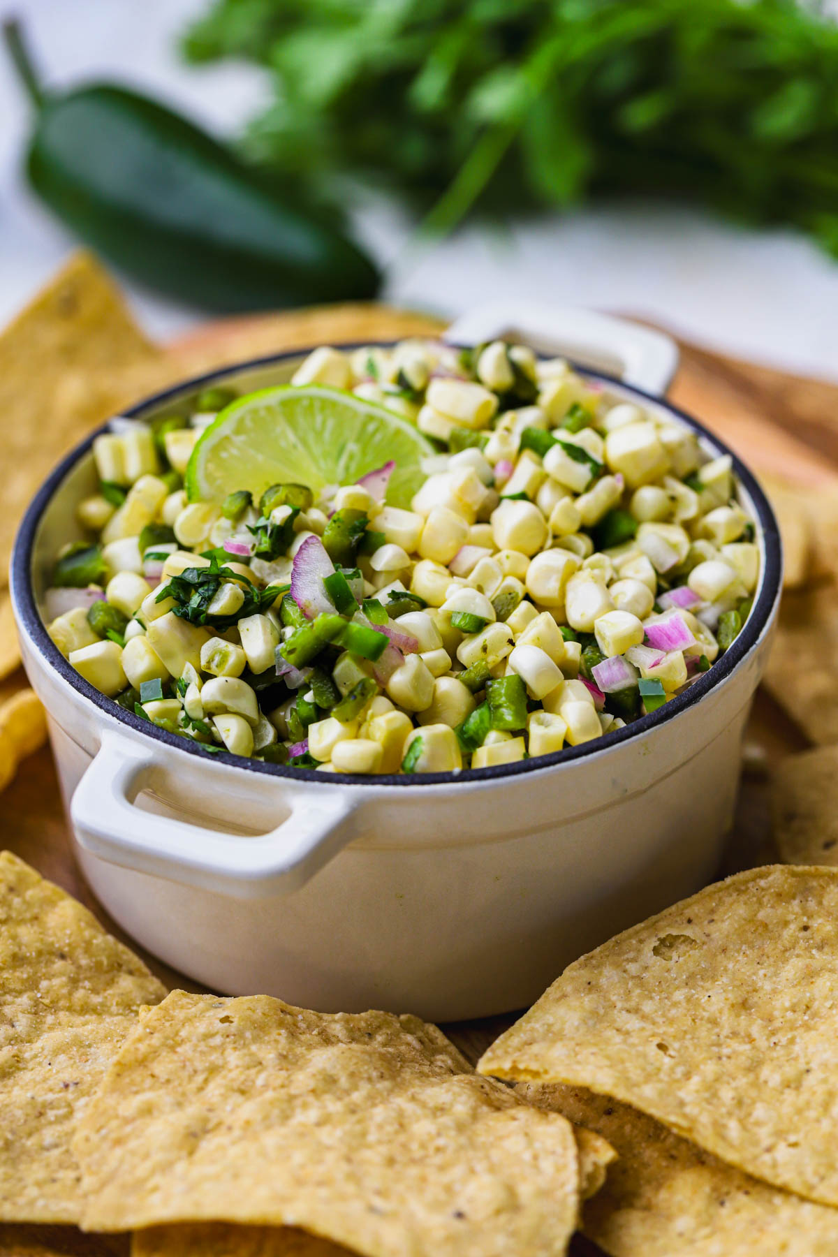 Corn salsa with roasted poblano peppers and tortilla chips.  