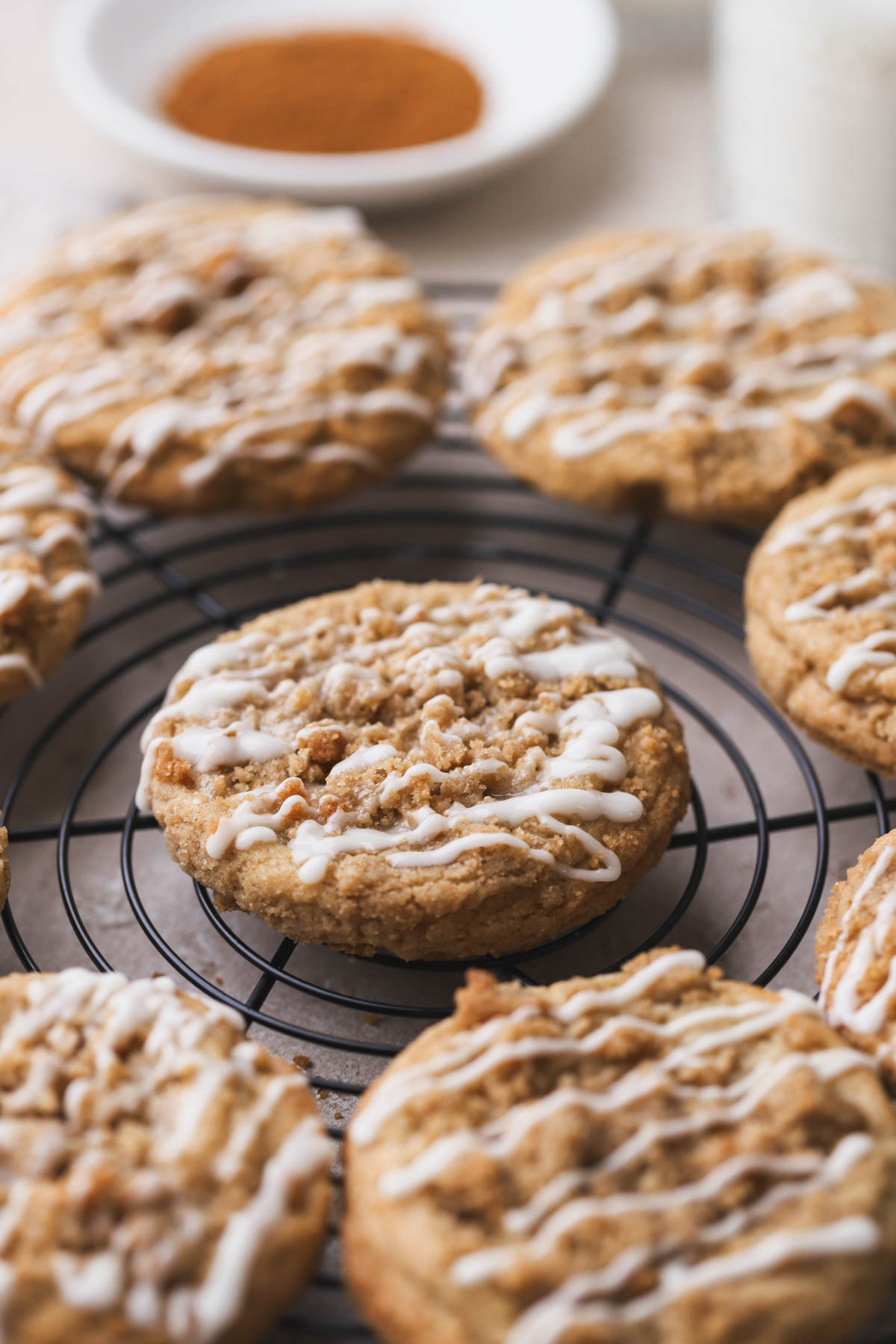 Coffee cake cookies with buttery streusel and vanilla icing. 