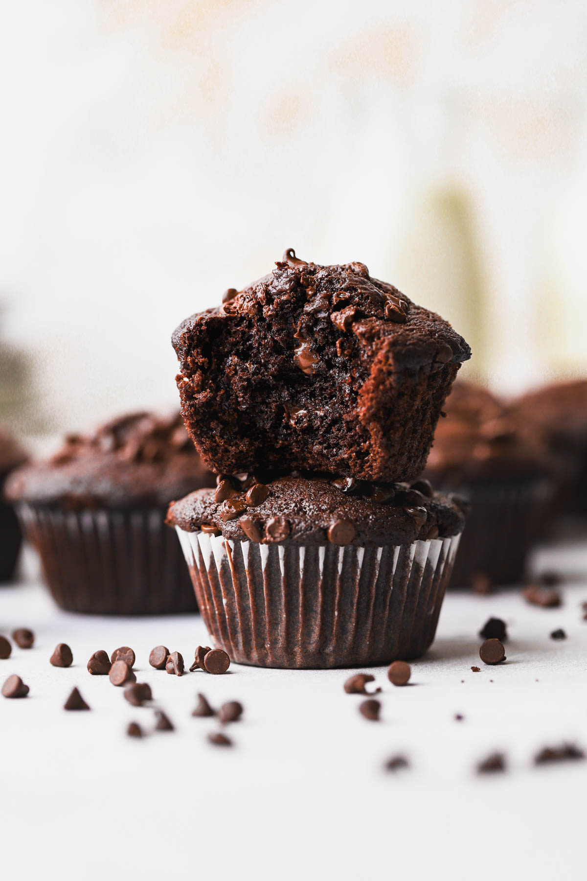 Triple chocolate muffins with melted chocolate, cocoa powder and mini chocolate chips. 