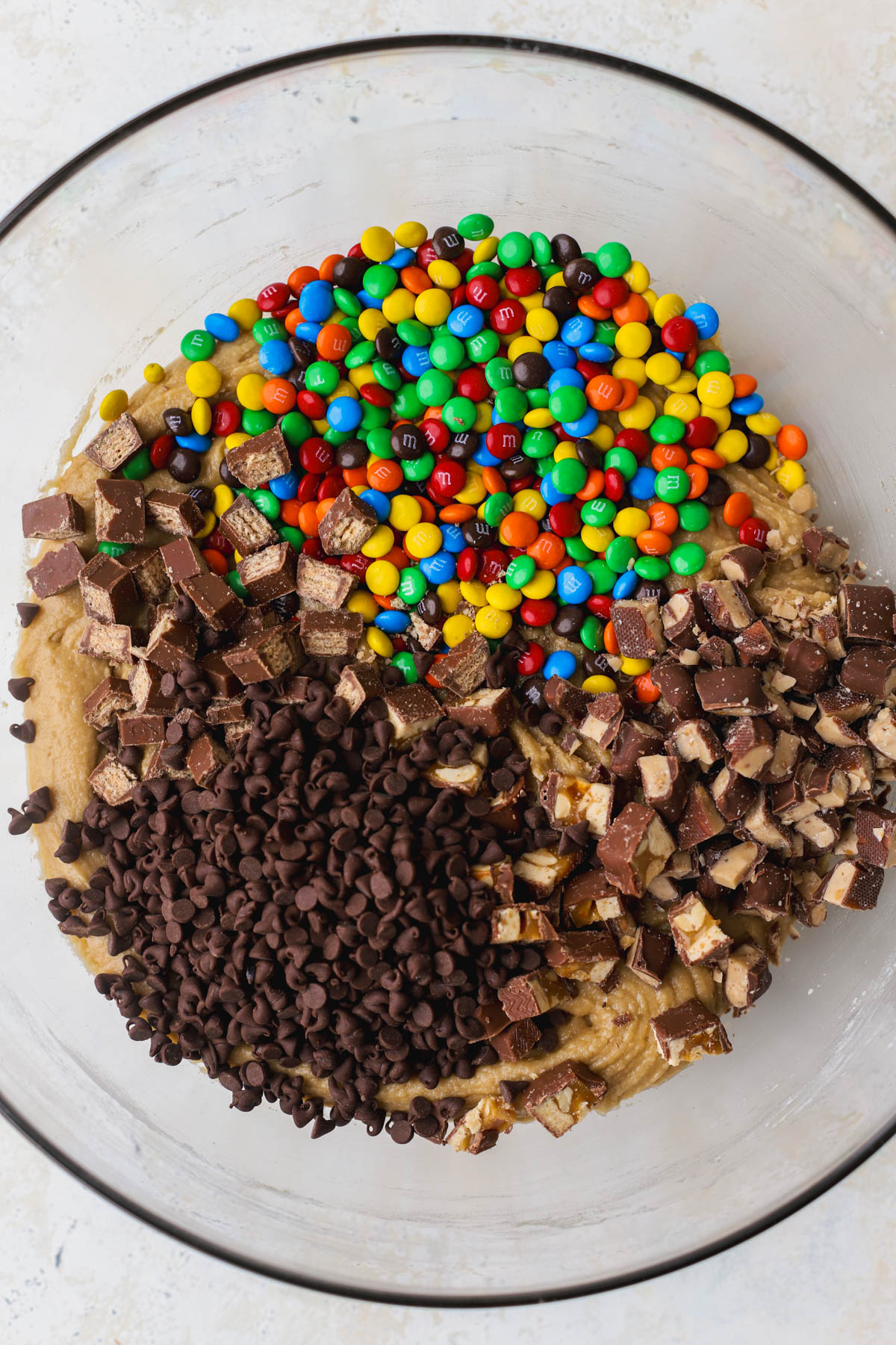 Cookie dough with min chocolate chips, Kit Kat, m&m's, heath bar and snickers.  