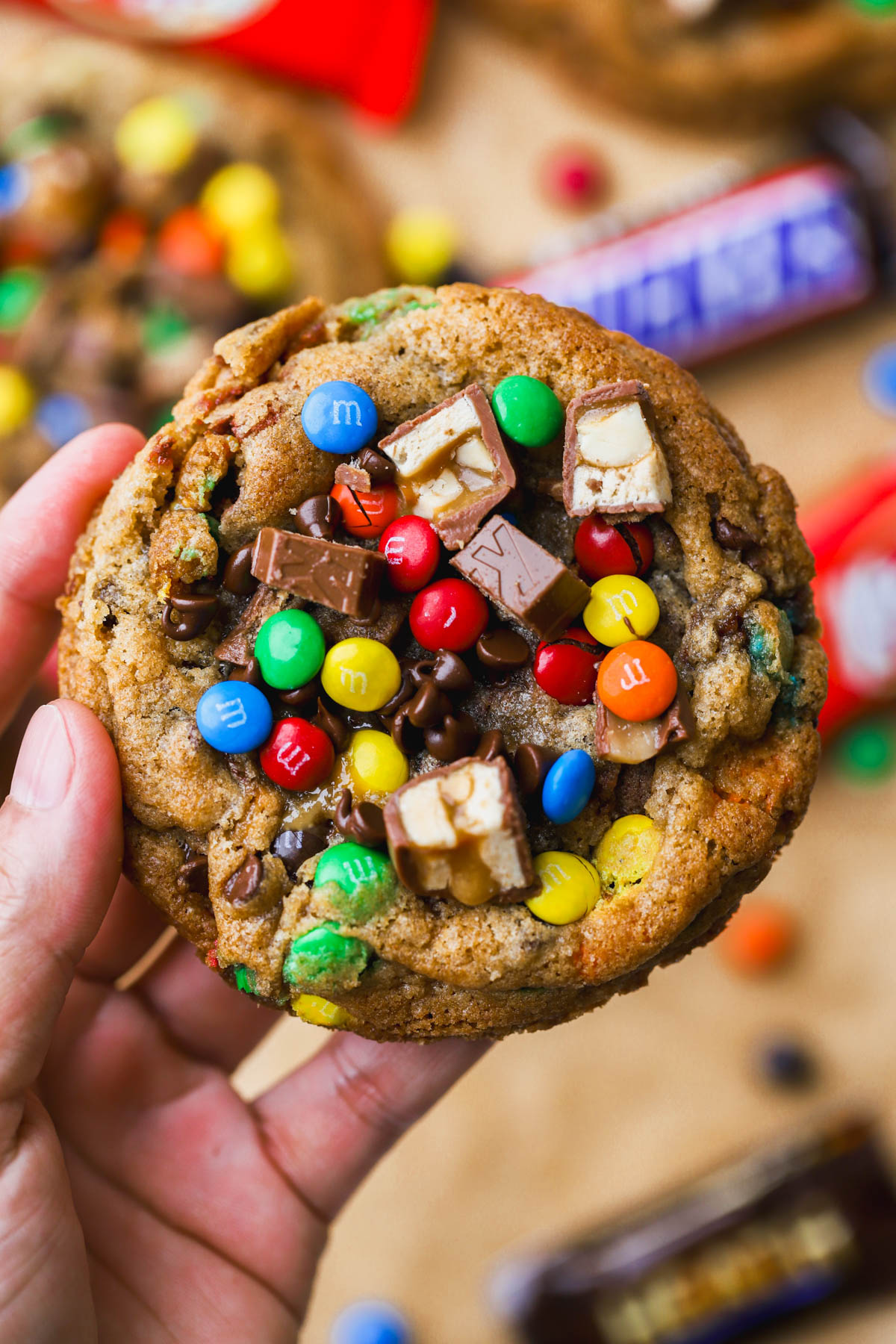 Giant chocolate chip cookies with halloween candy. 
