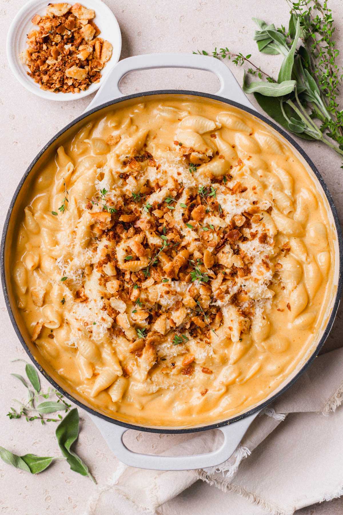 Dutch oven Mac and cheese with roasted butternut squash, four cheeses and cracker crust.  