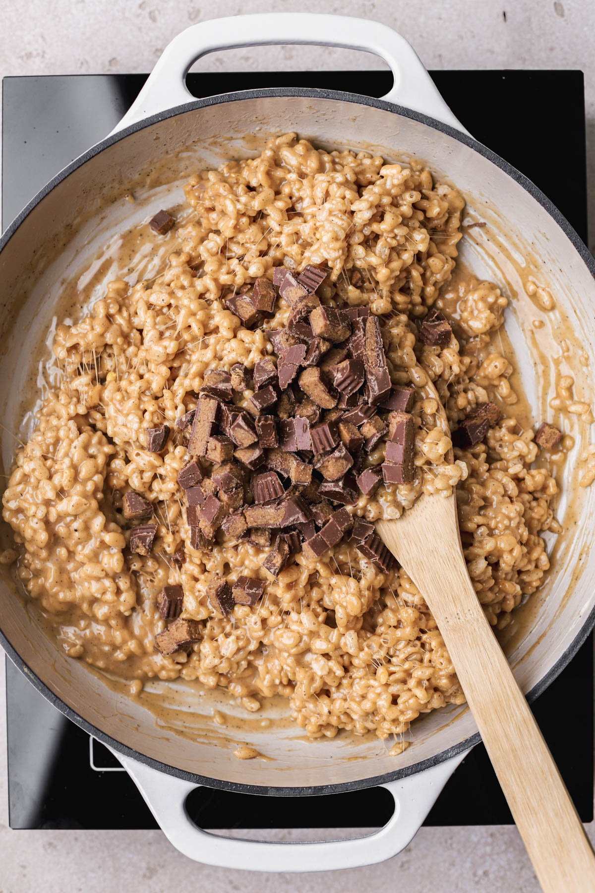 Peanut butter Rice Krispies with Reese's peanut butter cup.  