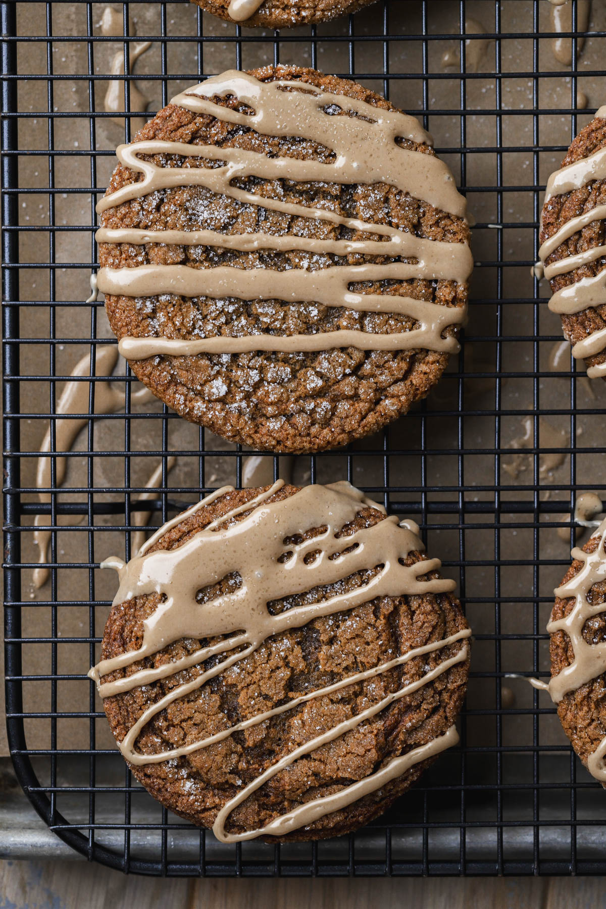 Gingerbread cookies drizzled with coffee glaze.  