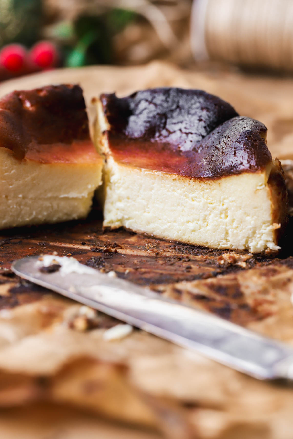 Sliced mini Basque cheesecake.  