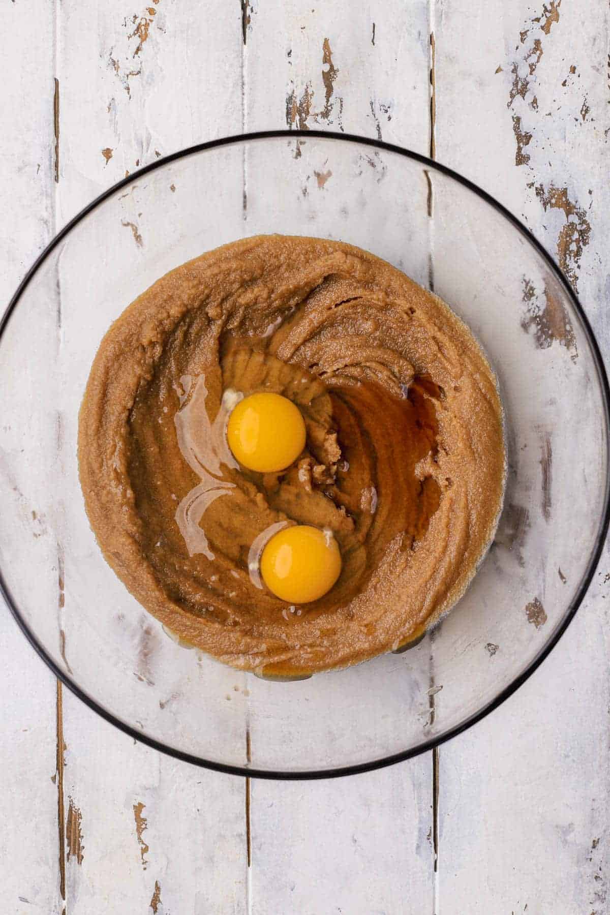 Melted butter, sugar, brown sugar, eggs and vanilla.