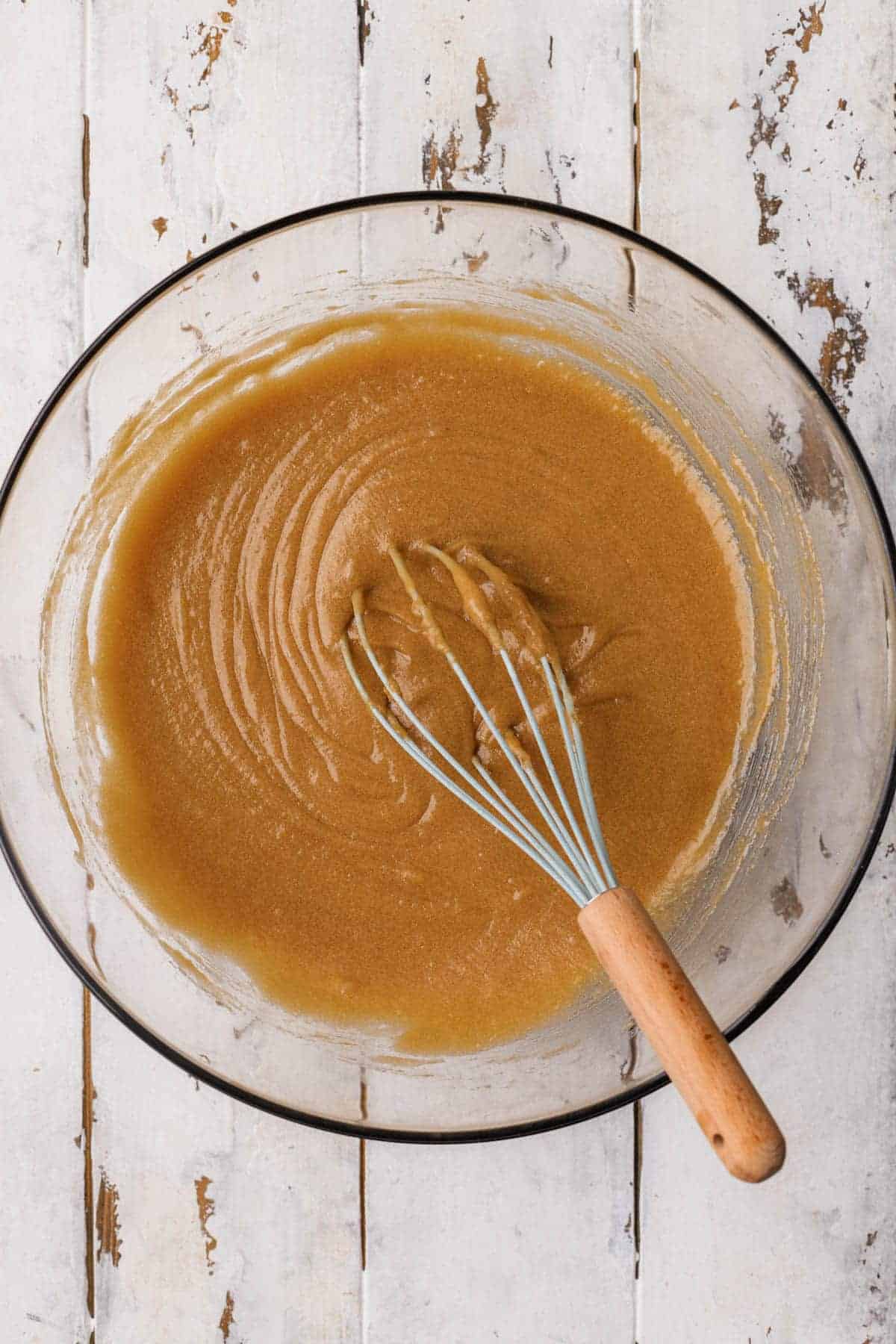 Eggs, melted butter, sugar, brown sugar and vanilla.