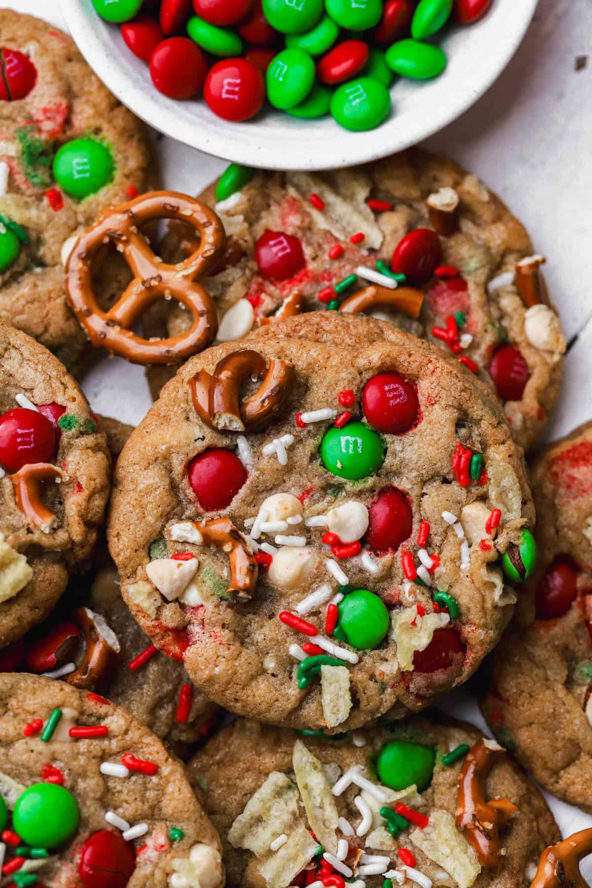 Kitchen sink cookies with pretzels, Christmas sprinkles, M&M's, white chocolate and potato chips. 