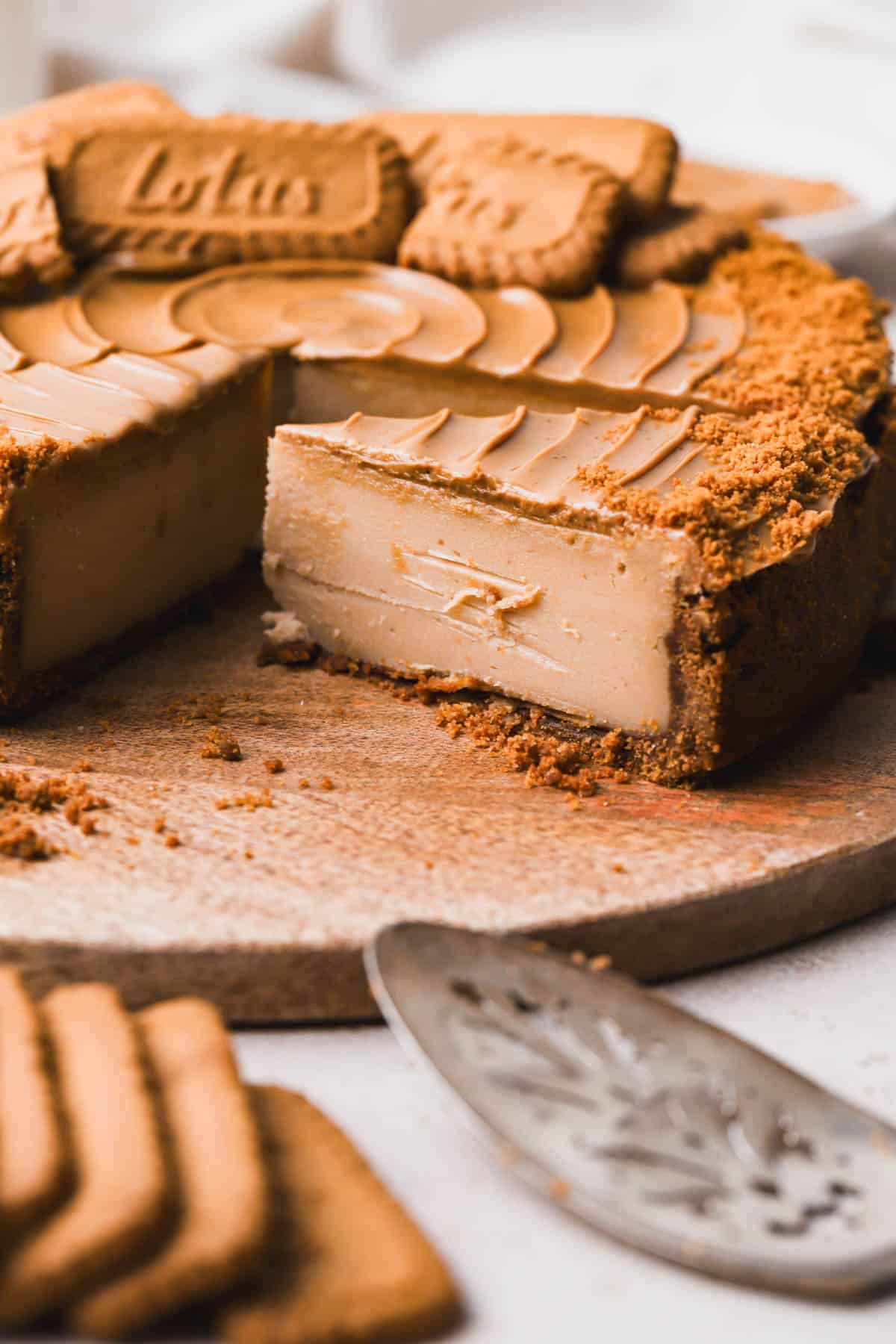 Lotus cookie crust, cookie butter cheesecake filling and melted cookie butter on top.