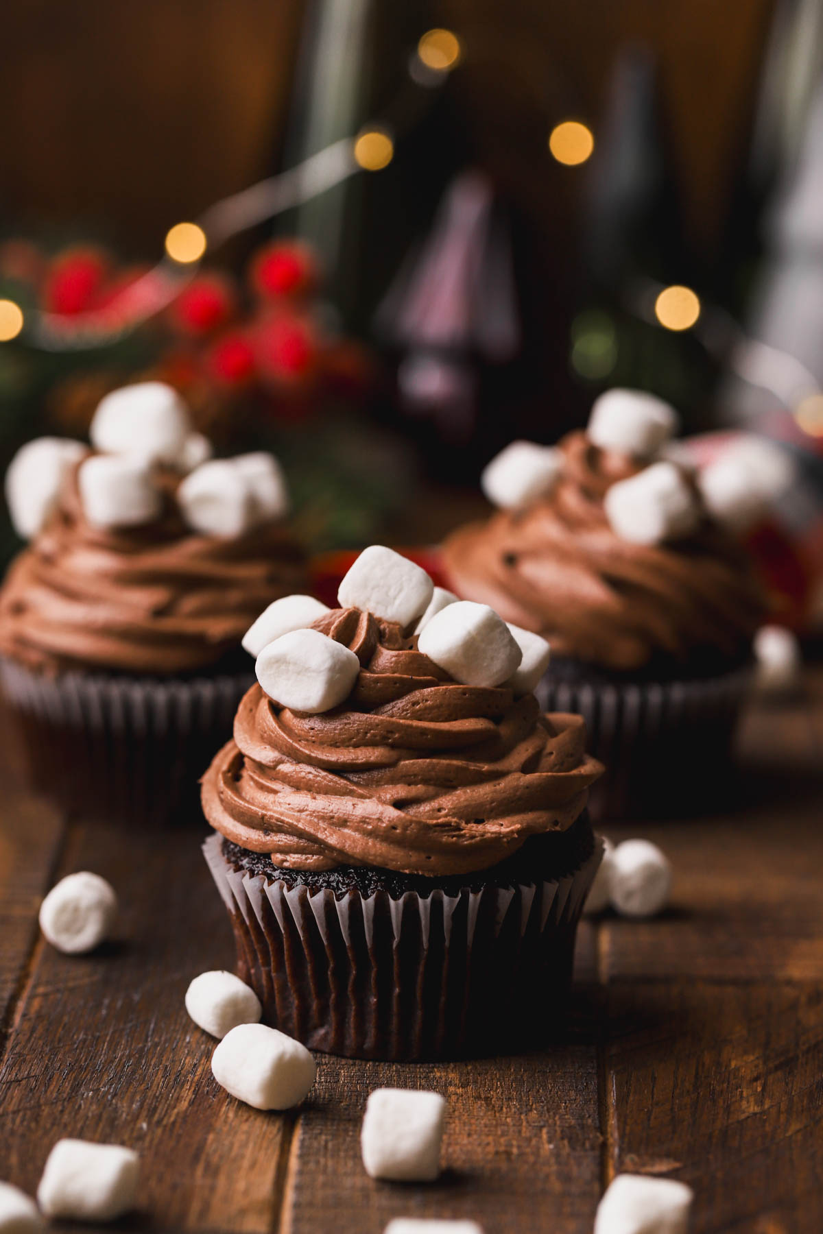 Hot chocolate cupcakes with marshmallow fluff frosting. 