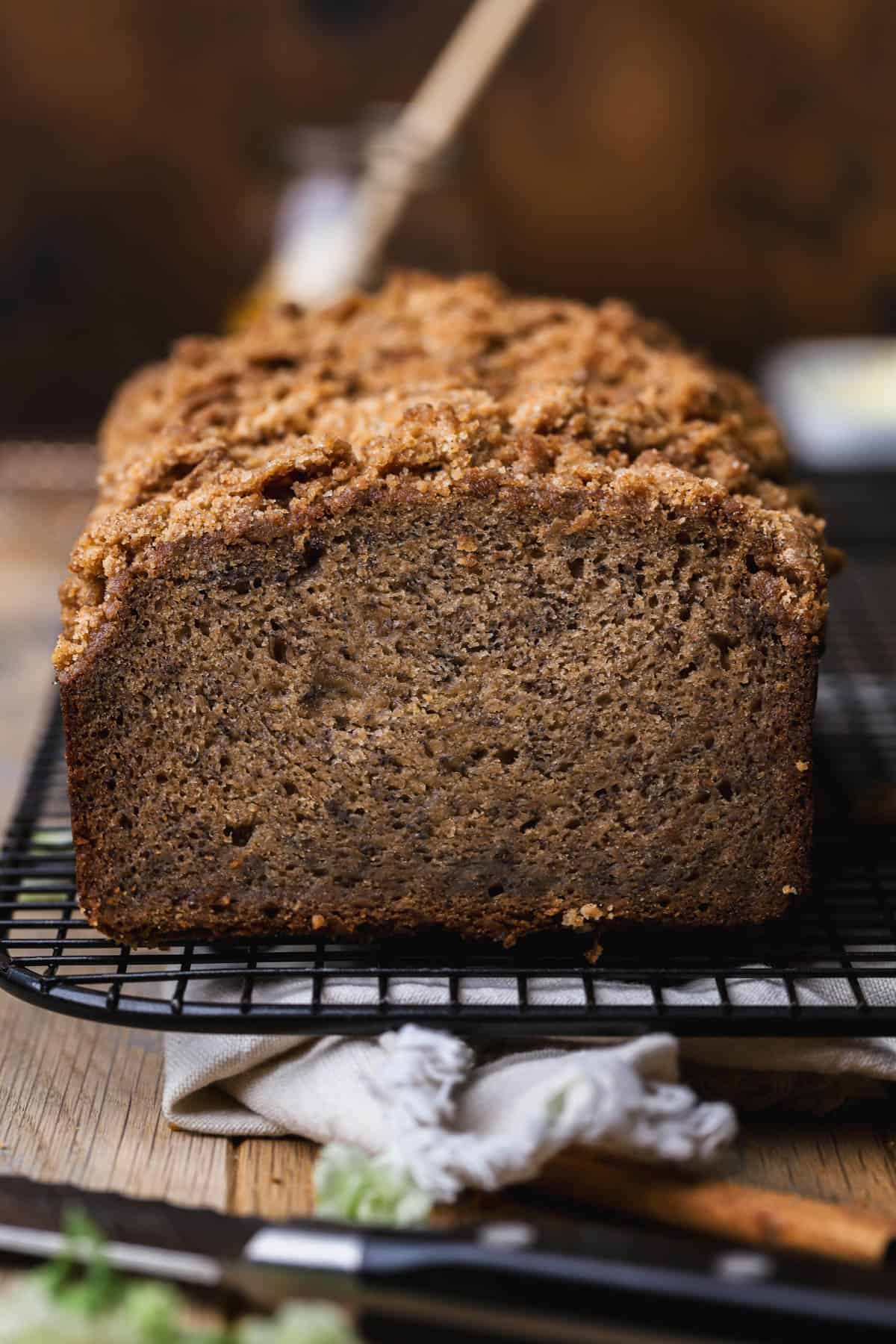 Sliced cinnamon crunch banana bread. 