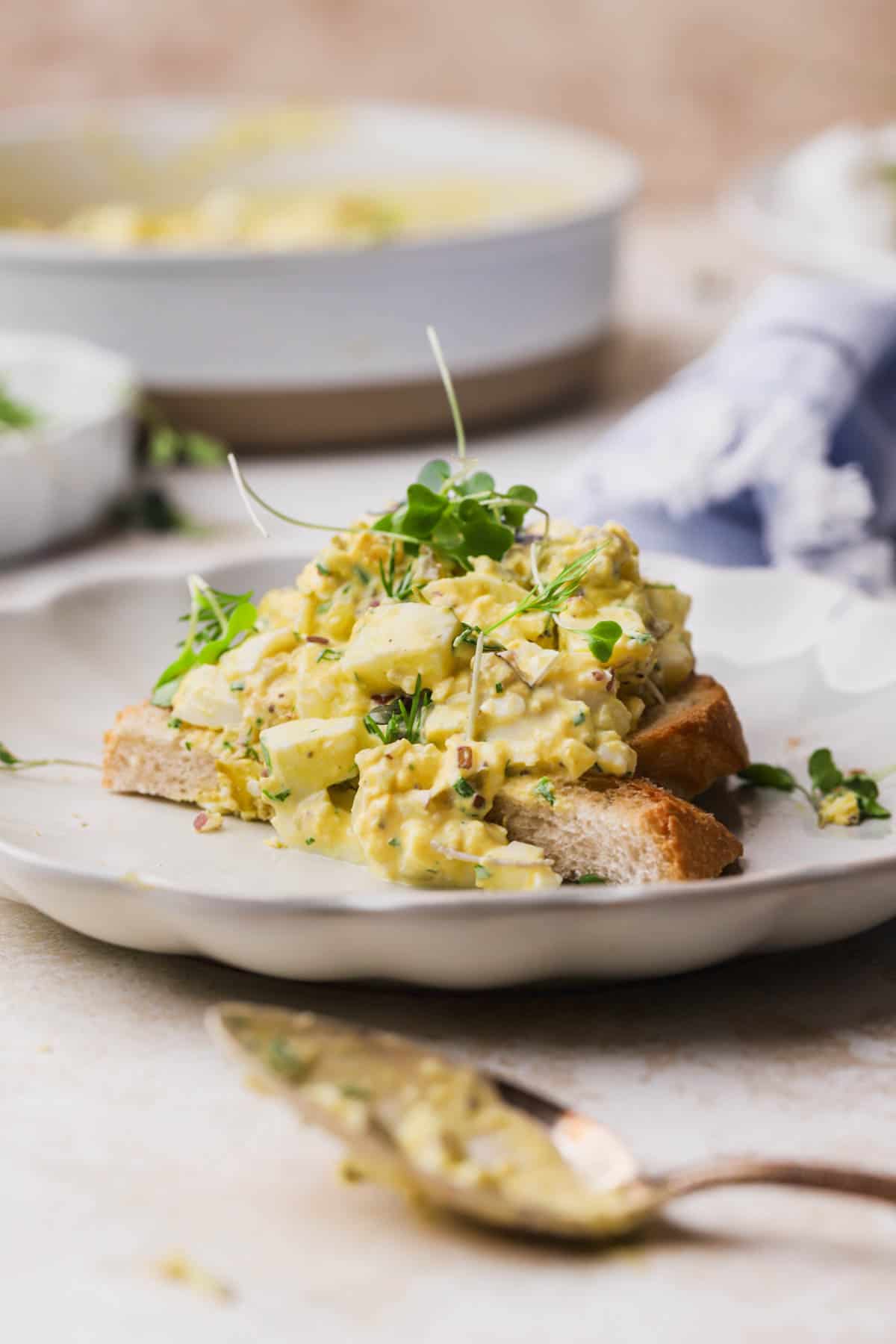 Dill pickle egg salad with toasted sour dough bread and fresh herbs.
