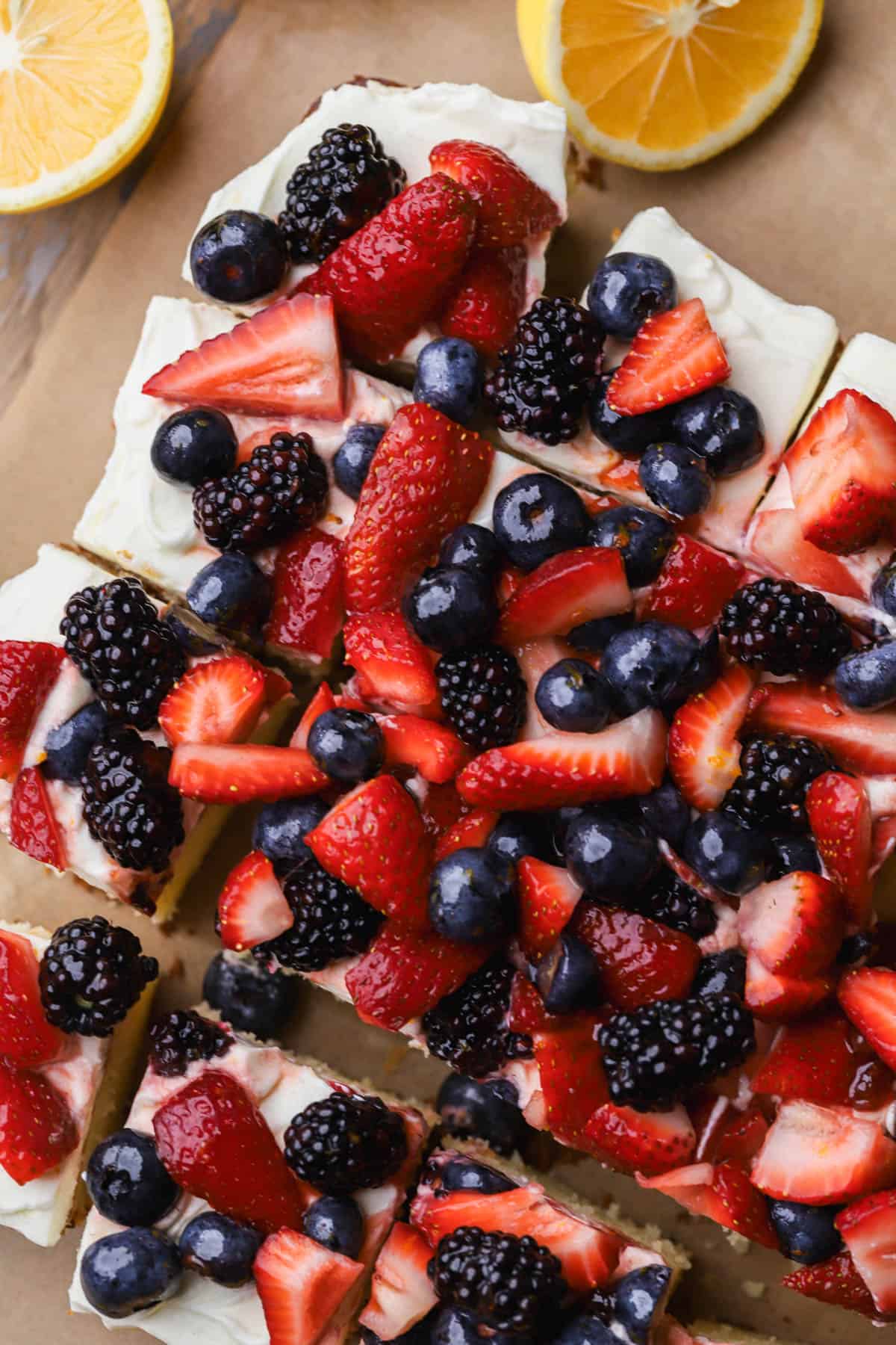 Meyer lemon cake with mascarpone frosting and fresh berries.