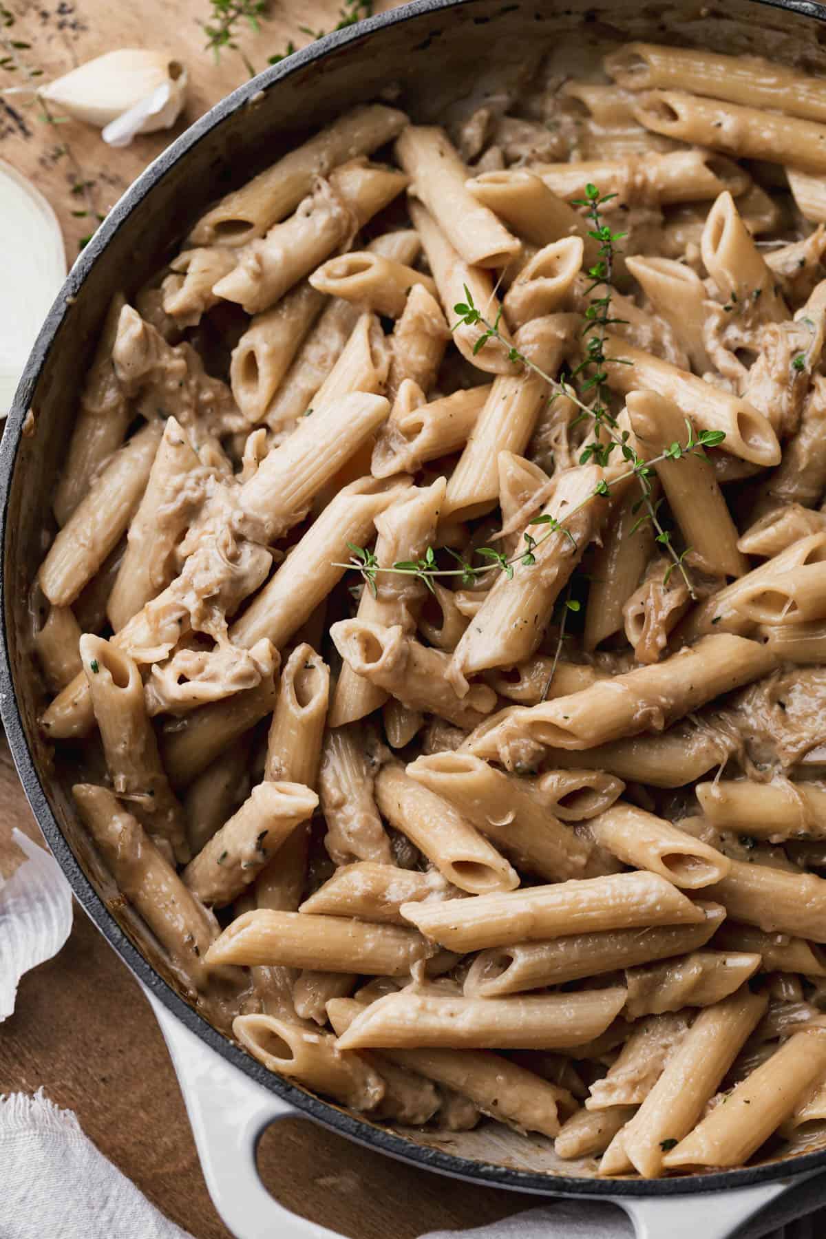 One pot French onion pasta with gruyere cheese and thyme.