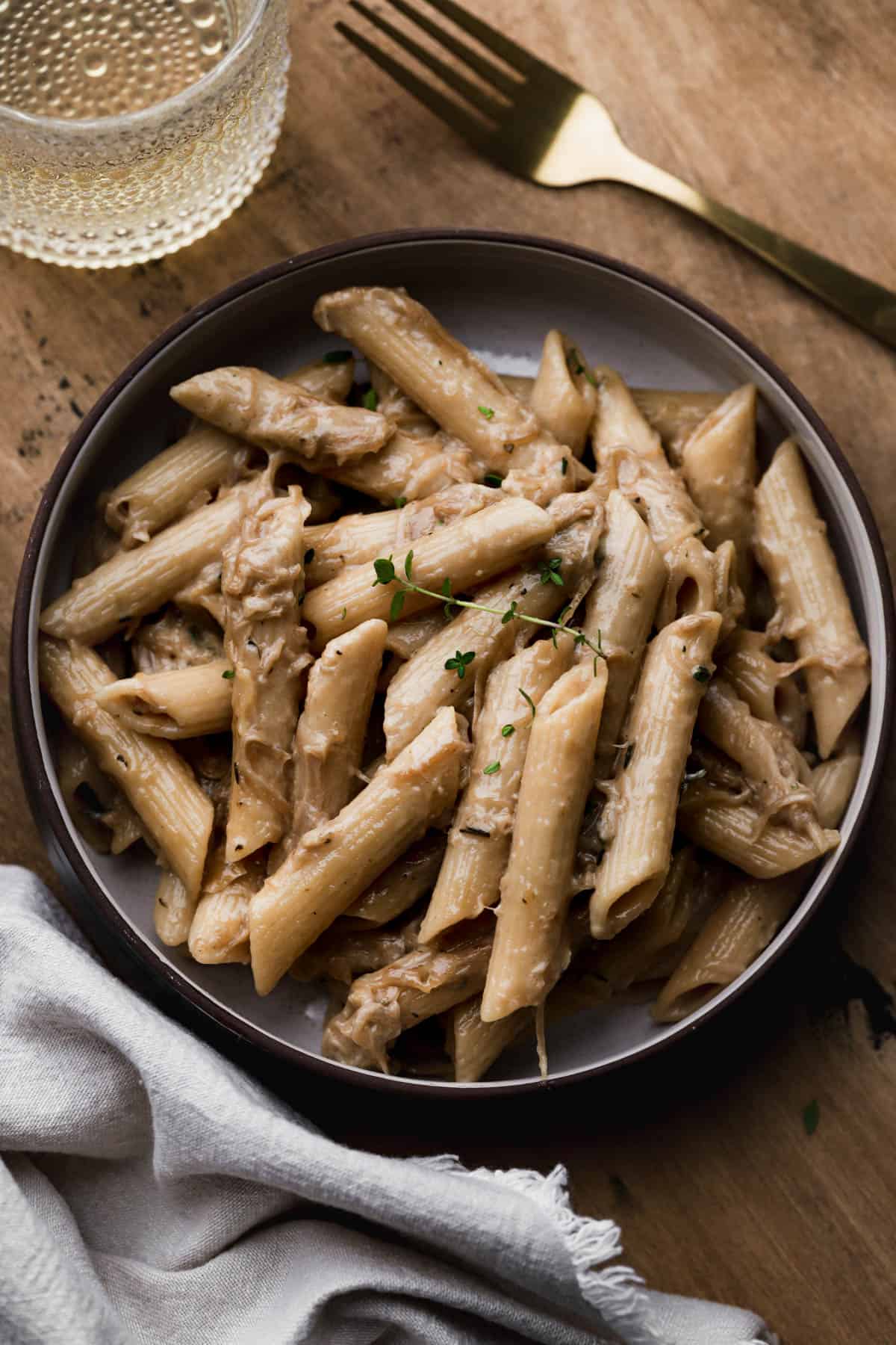 Caramelized onions, penne, fresh thyme and gruyere cheese.