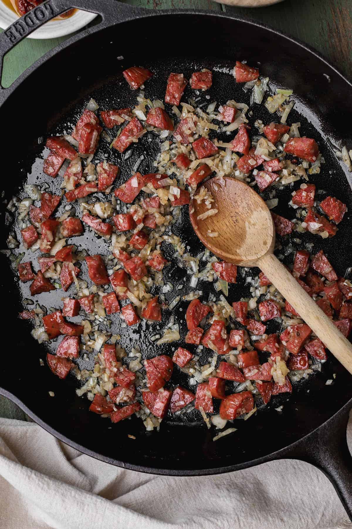 Chorizo, olive oil, onions and garlic.