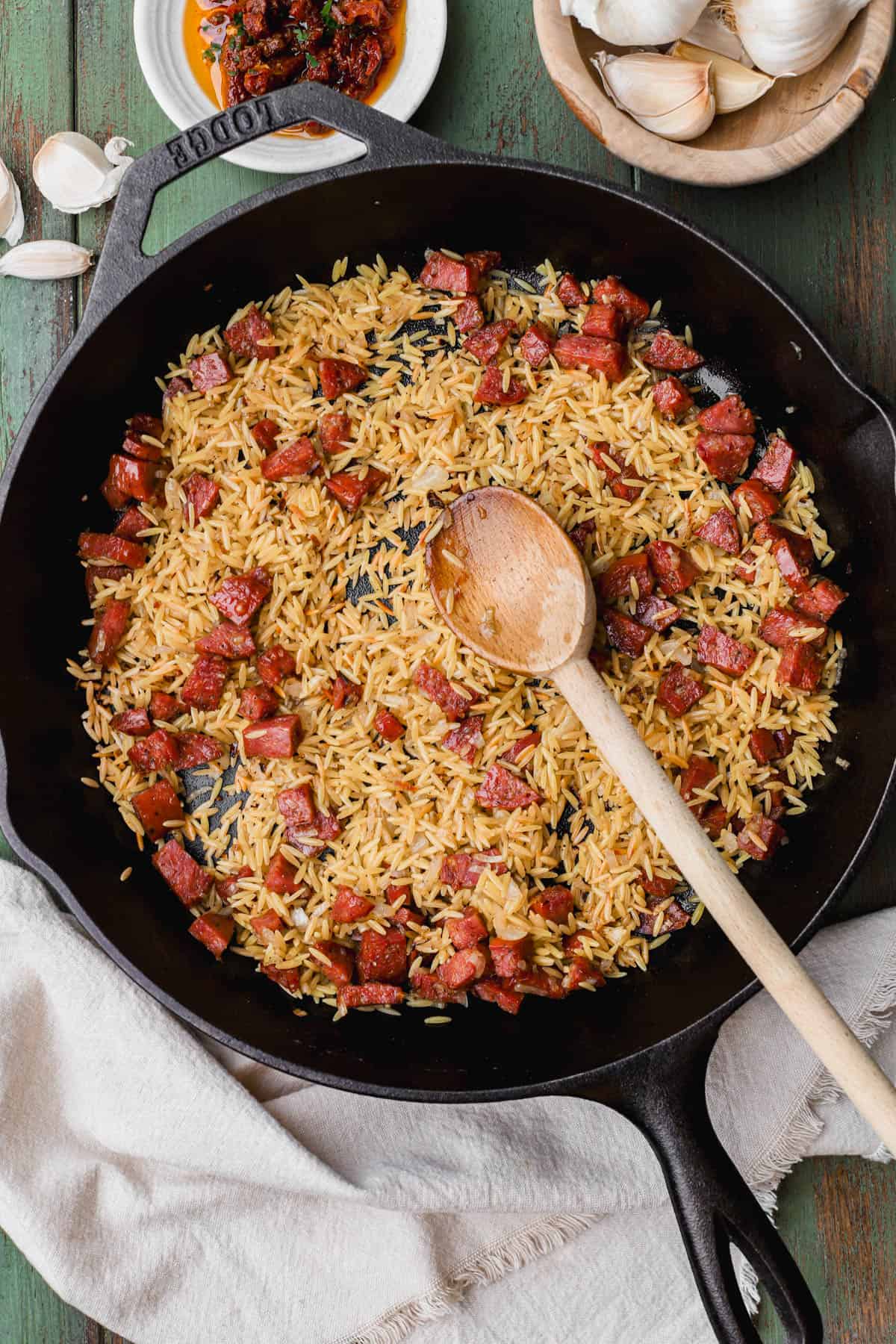 Orzo pasta, chorizo, onions, garlic.